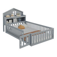 KINDERBETT 90/200 cm mit Hausrahmen, Kreidetafel, Stauraum, Schutzgitter und Tür, Grau - Grau, Holzwerkstoff (90/200cm) - Redom