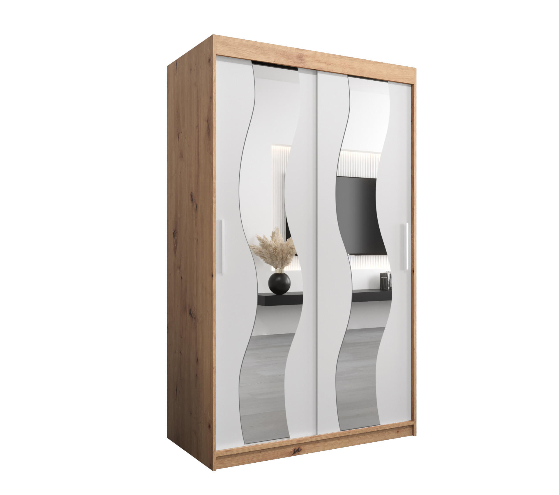 Abiks Möbel Schwebetürenschrank Eiche Artisan, Weiß 120x200x62 cm