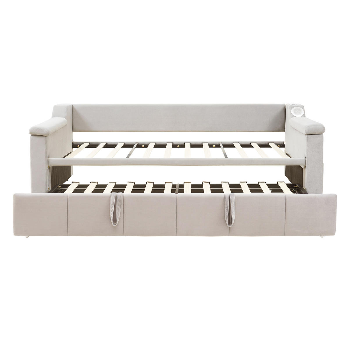 AUSZIEHBETT 90/190 cm beige mit Bluetooth-Stereoanlage und Ablagefächern - Weiß, Textil (90/190cm) - OKWISH