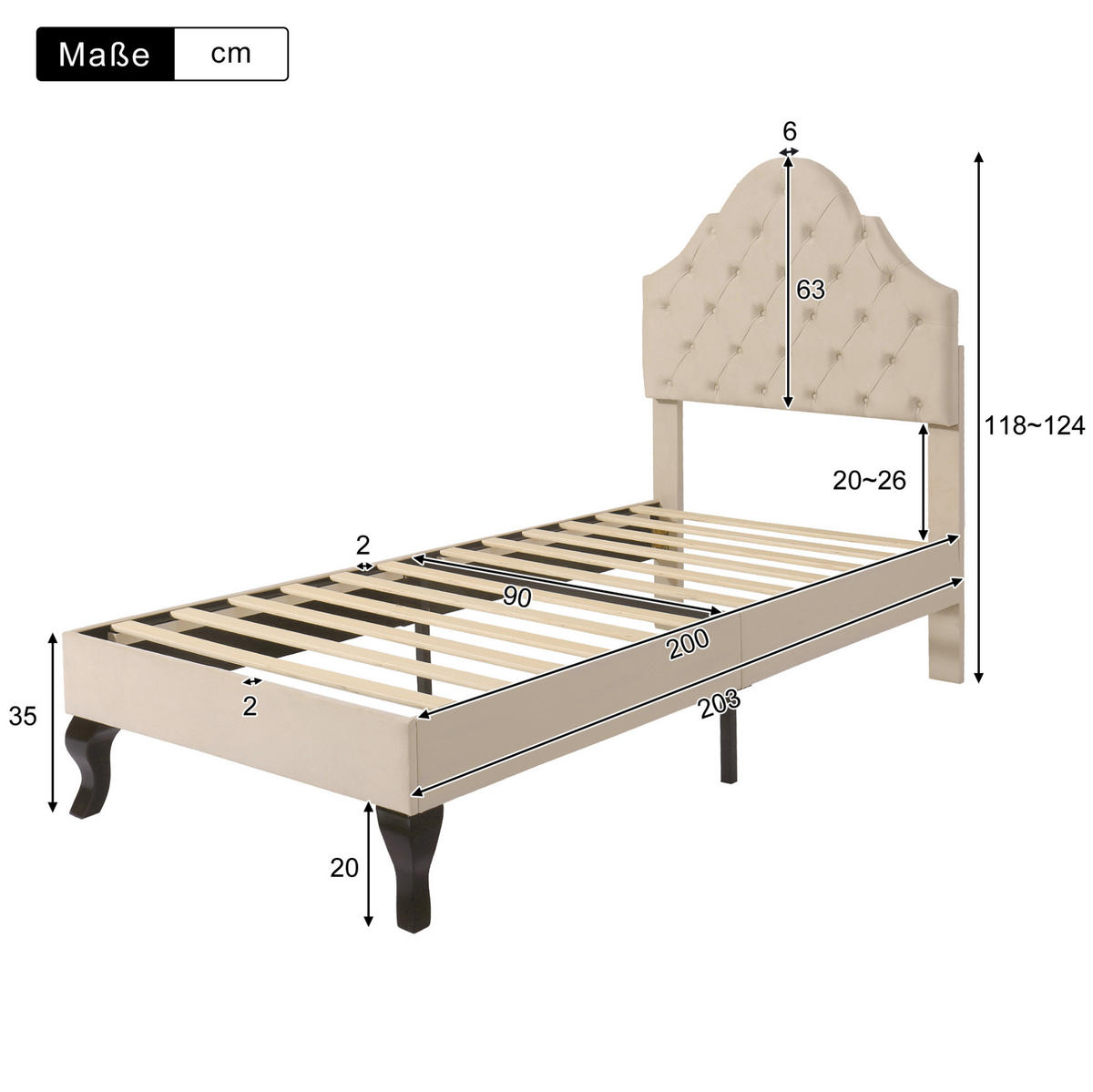 POLSTERBETT 90/200 cm mit Lattenrost und höhenverstellbarem Kopfteil aus Samt, Beige - Beige, Textil (90/200cm) - Redom