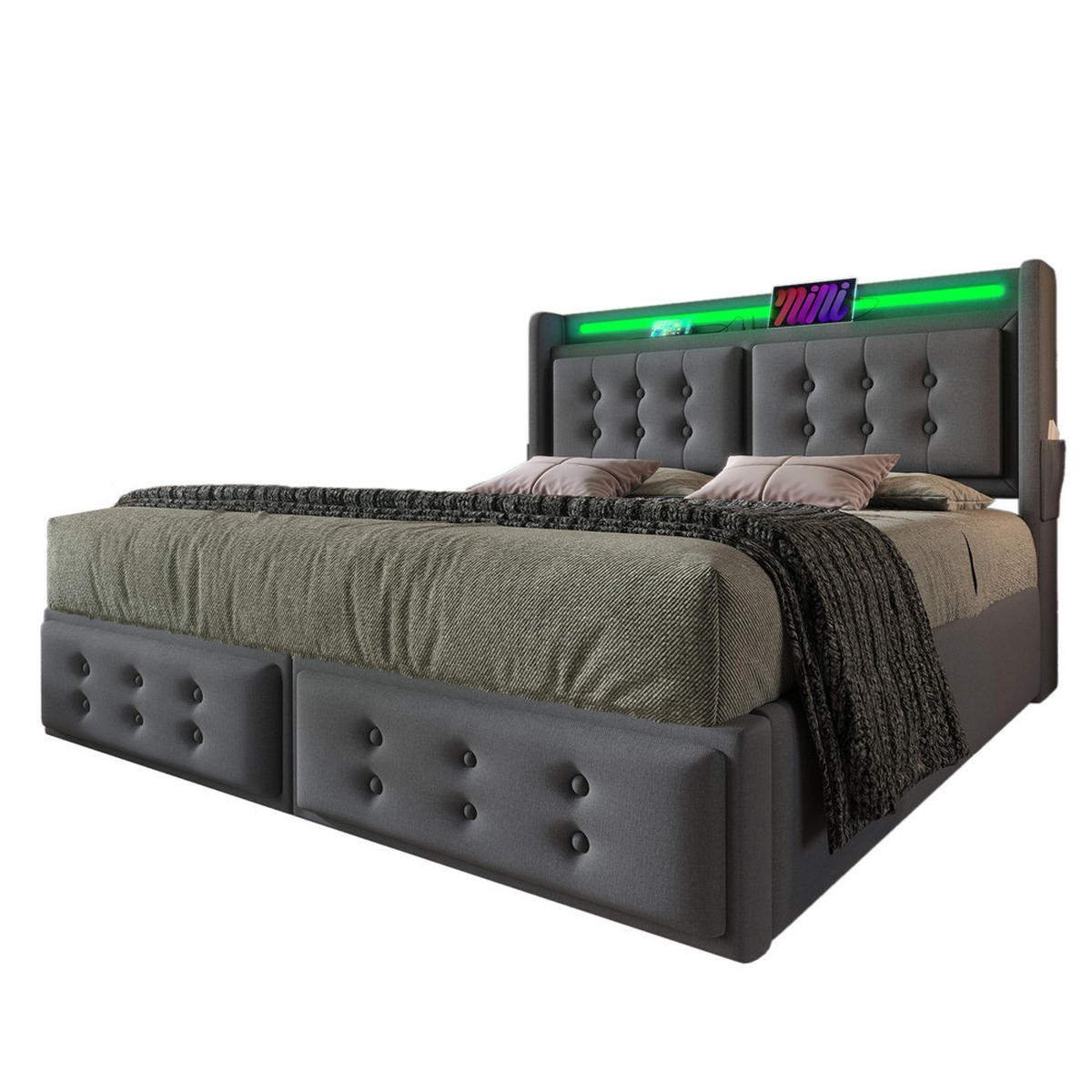 POLSTERBETT 160x200cm Doppelbett LED-Kopfteil USB-C Hydraulik Grau - Grau, Holz - FLIEKS