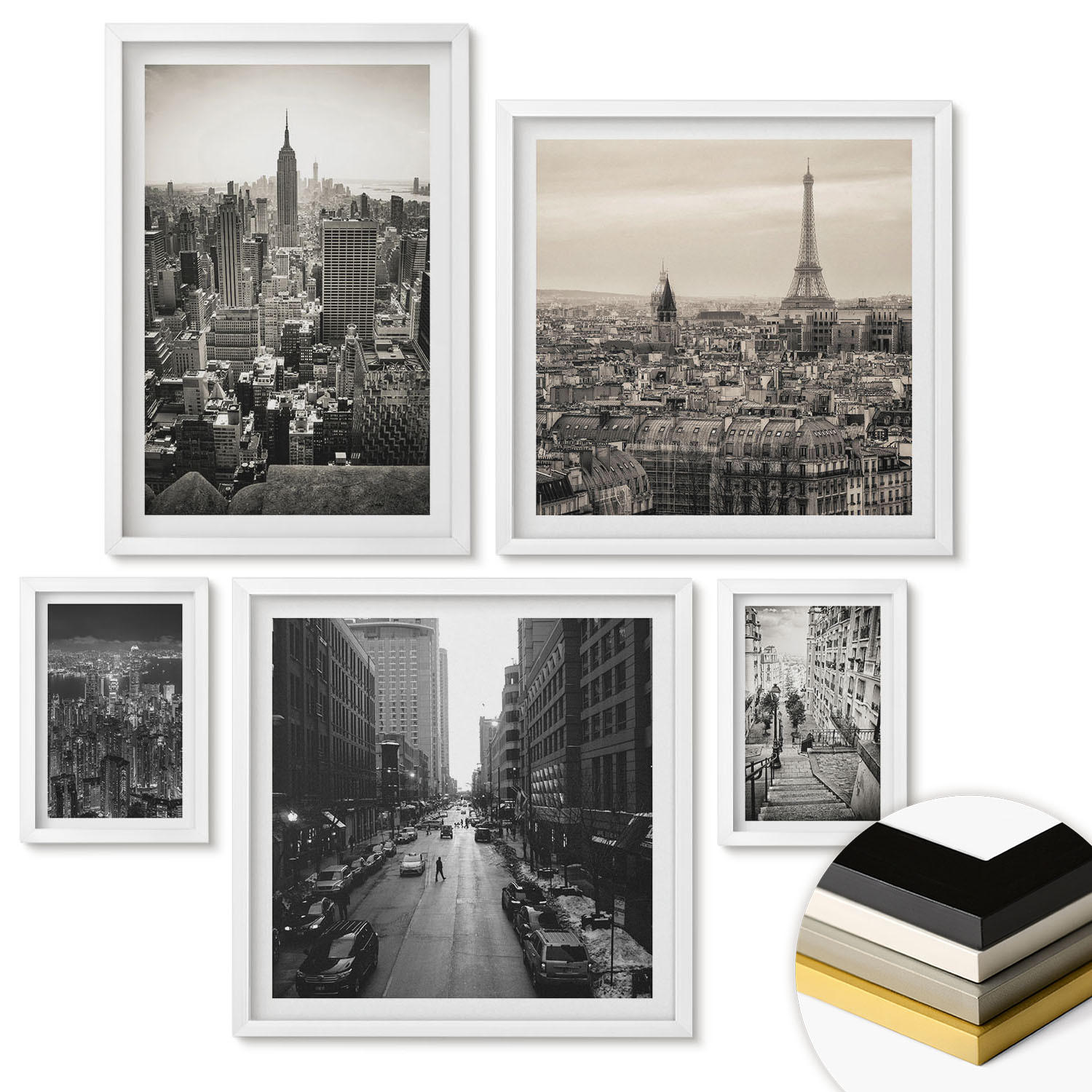 WANDBILDER 5er-Set - 50x50 cm & 20x30 cm & 40x60 cm Weißer Rahmen - Winterlandschaften, Wasserfälle, Nordlichter - Weiß, Kunststoff (40/60cm) - ArtPrintCave