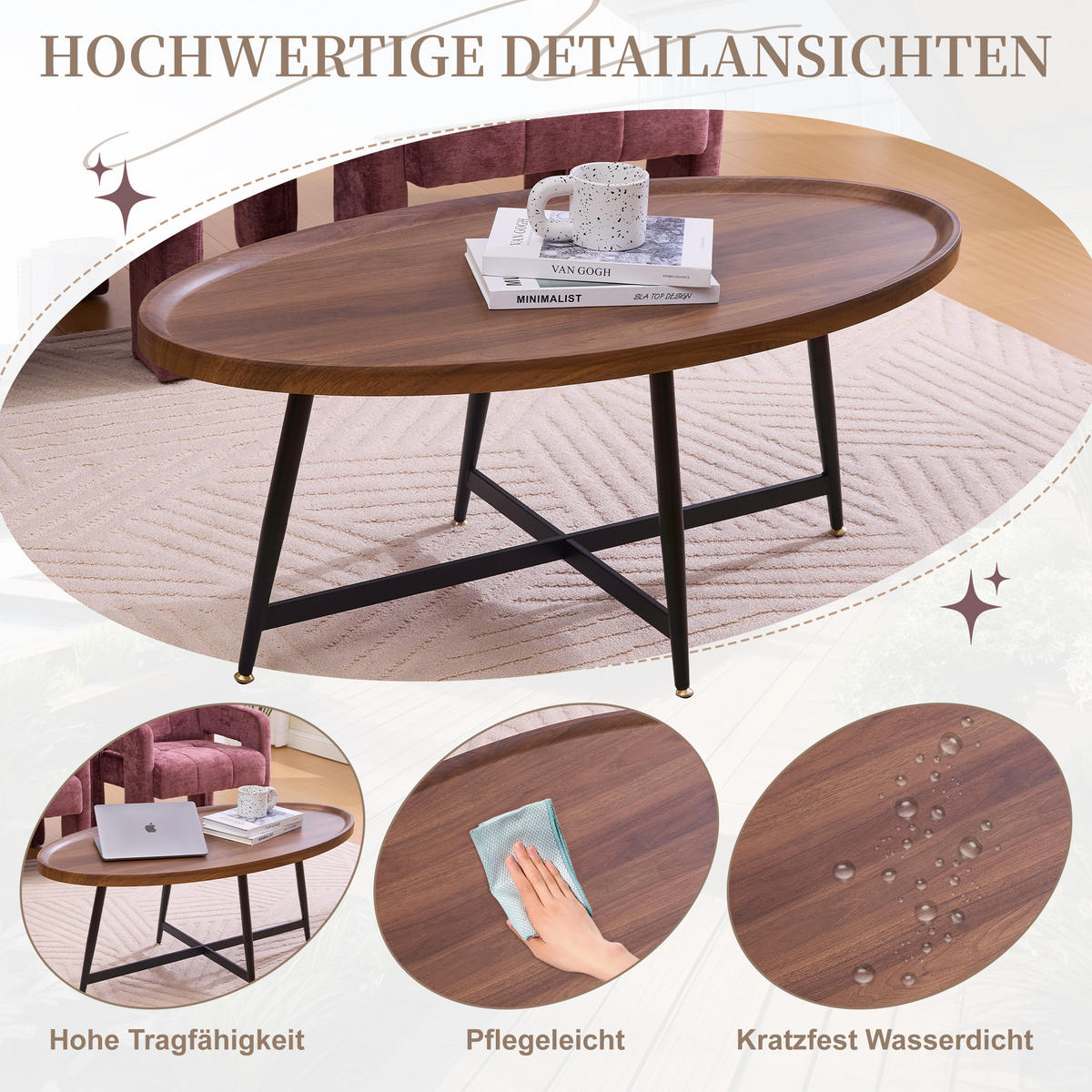 COUCHTISCH, ovale MDF-Tischplatte in Braun mit schwarzem Metallgestell, skandinavisch-minimalistisch, 110/55/45 cm,Braun - Braun, Holzwerkstoff (55/110/45cm) - Redom