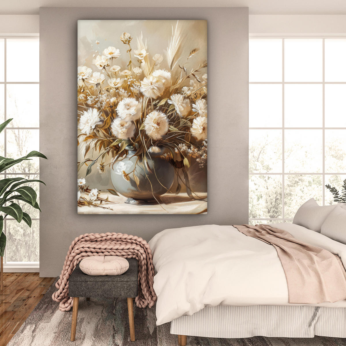 LEINWANDBILD Blumen - Vase - Stilleben - Beige Deko Groß 90x140 cm - Creme, Textil (90/140cm) - MuchoWow