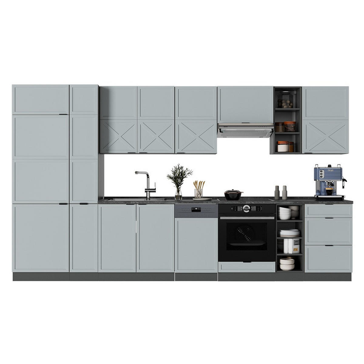 KUHINJSKI BLOK Fame-Line Svetlo modro-siva/antracitna 355 cm , DP Antracit - svetlo modra/antracit, leseni material (355/206.8/60cm) - Vicco