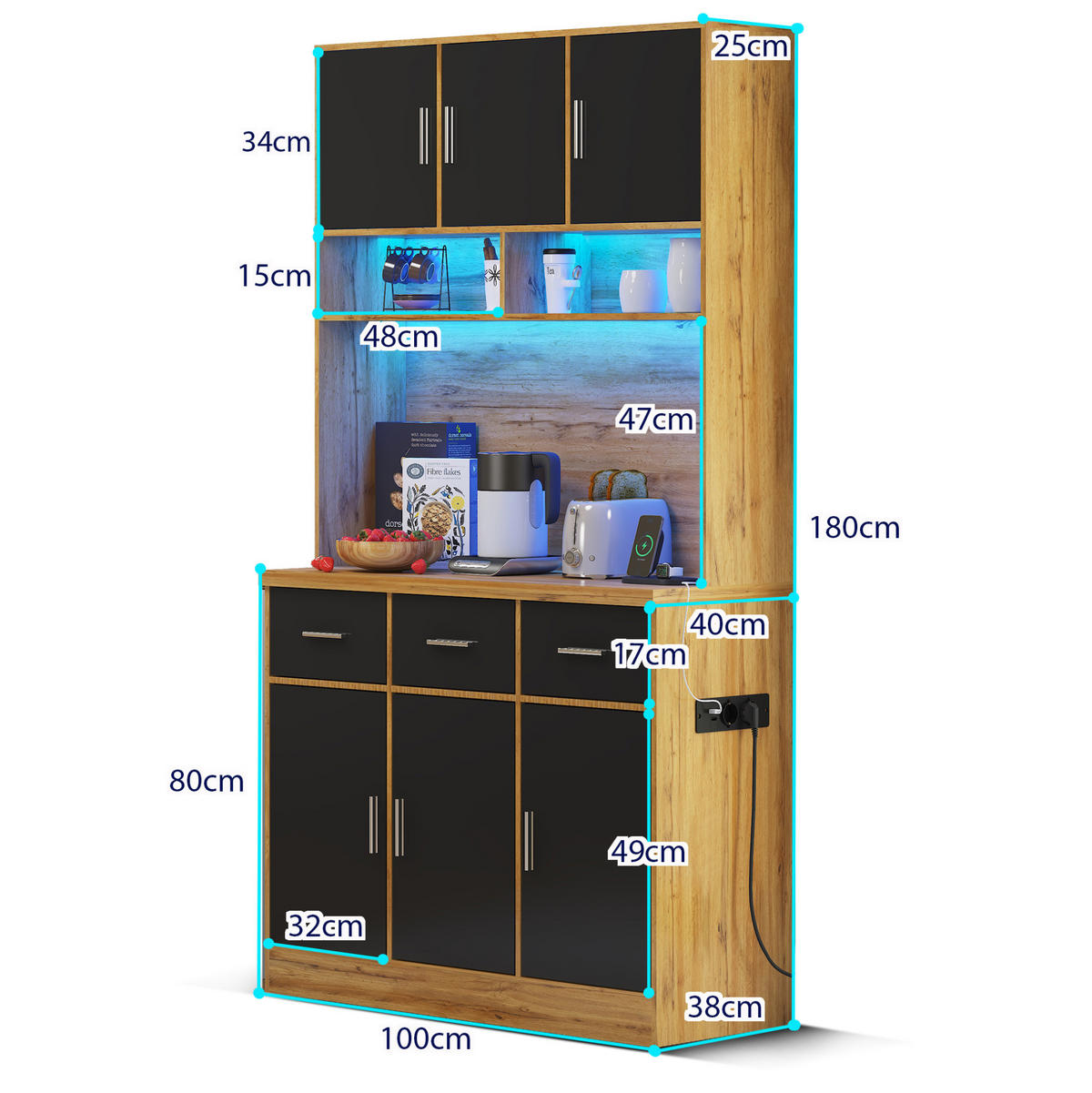 KUHINJSKI ormarić od MDF-a 100x40x180 cm prirodna i crna s LED rasvjetom, utičnicom, USB priključcima i ladicama - prirodne boje, drvni materijal (100/180/40cm) - Modfu