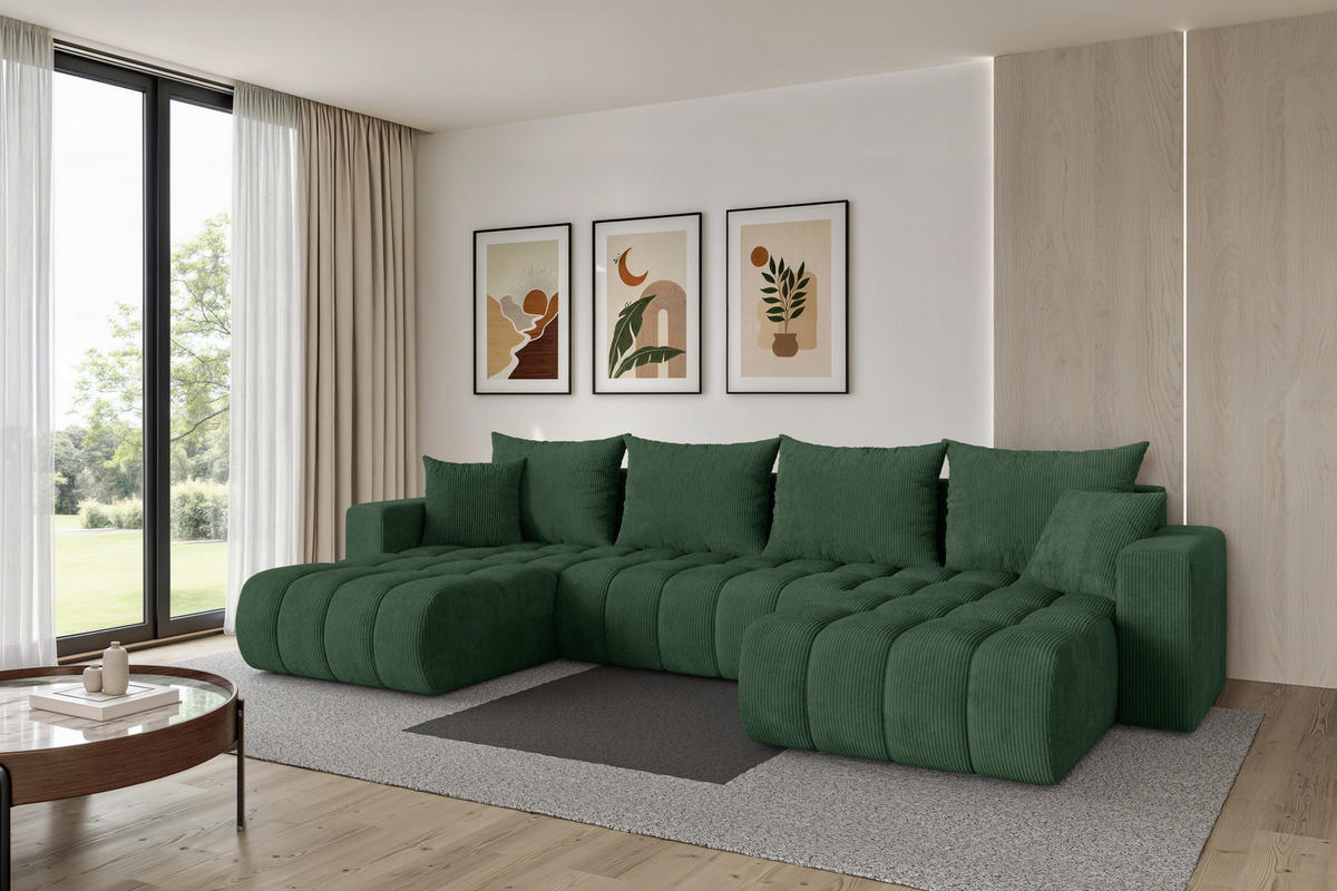 SEDACÍ SOUPRAVA DO U s funkcí spaní a úložným prostorem MILA-U-v1 378x194x86 zelená manšestr - černá/tmavě zelená, kompozitní dřevo/textil (378/86/194cm) - ALTDECOR