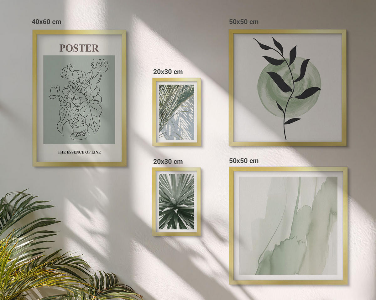 BILDER SET 5er Set - 50x50 cm & 20x30 cm & 40x60 cm Goldrahmen - Grün-beige Pflanzenmuster - Goldfarben, Kunststoff (40/60cm) - TULUP