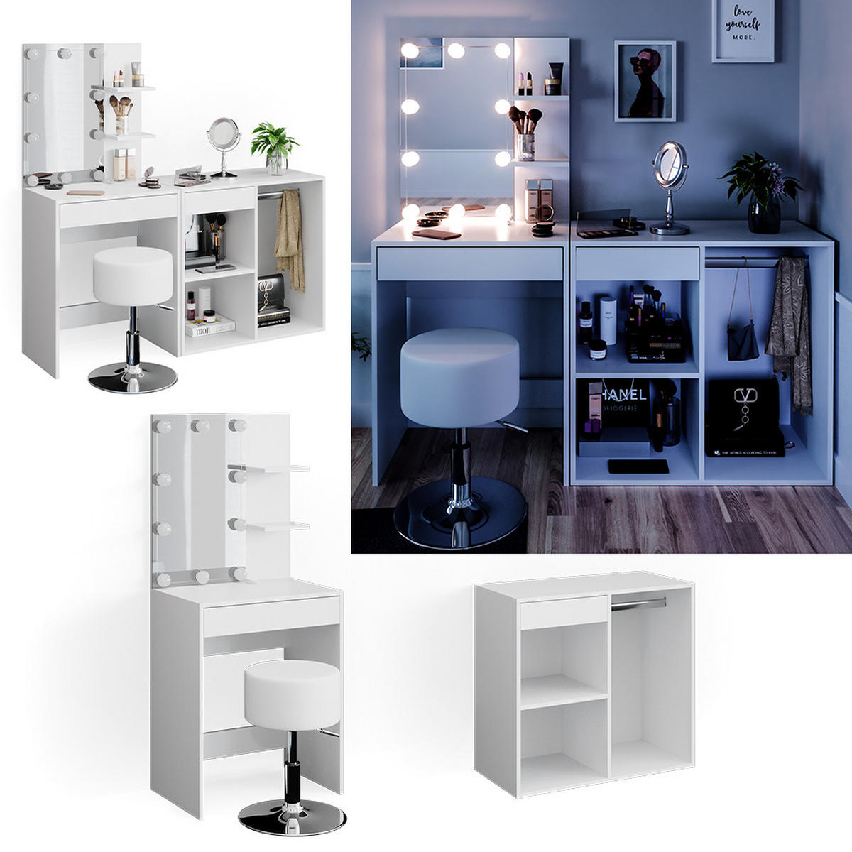 SCHMINKTISCH Isabelle Weiß 60 cm mit LED, Hocker und Schrank - Weiß, Holzwerkstoff (60/140/40cm) - Vicco
