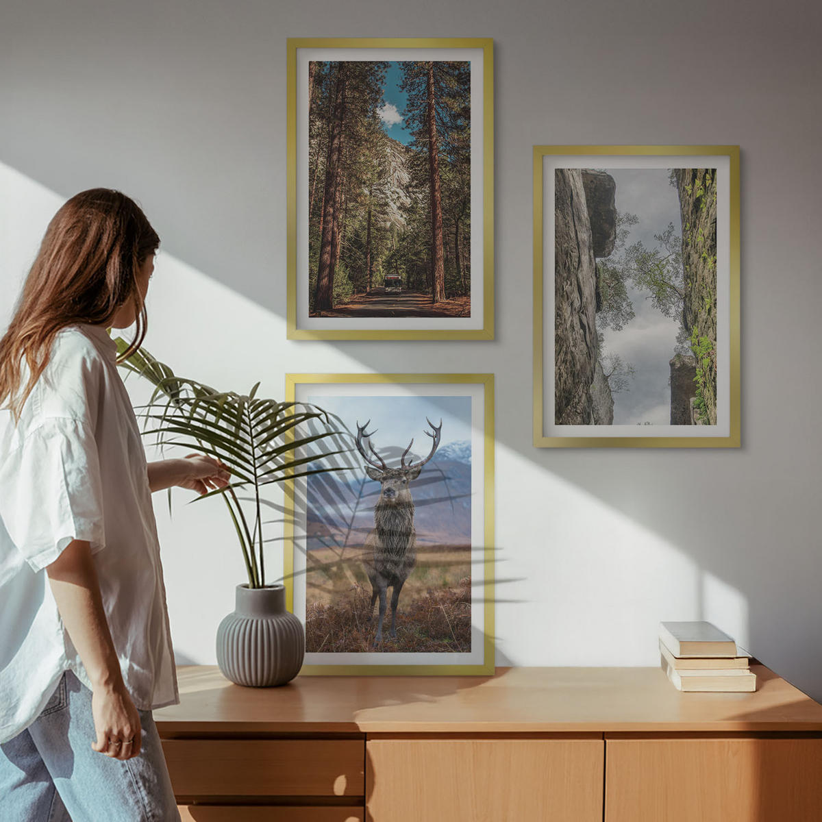 WANDBILDER 3er Set - 40x60 cm Goldrahmen - Straße Wald Berge Hirsch Natur - Goldfarben, Kunststoff (40/60cm) - ArtPrintCave