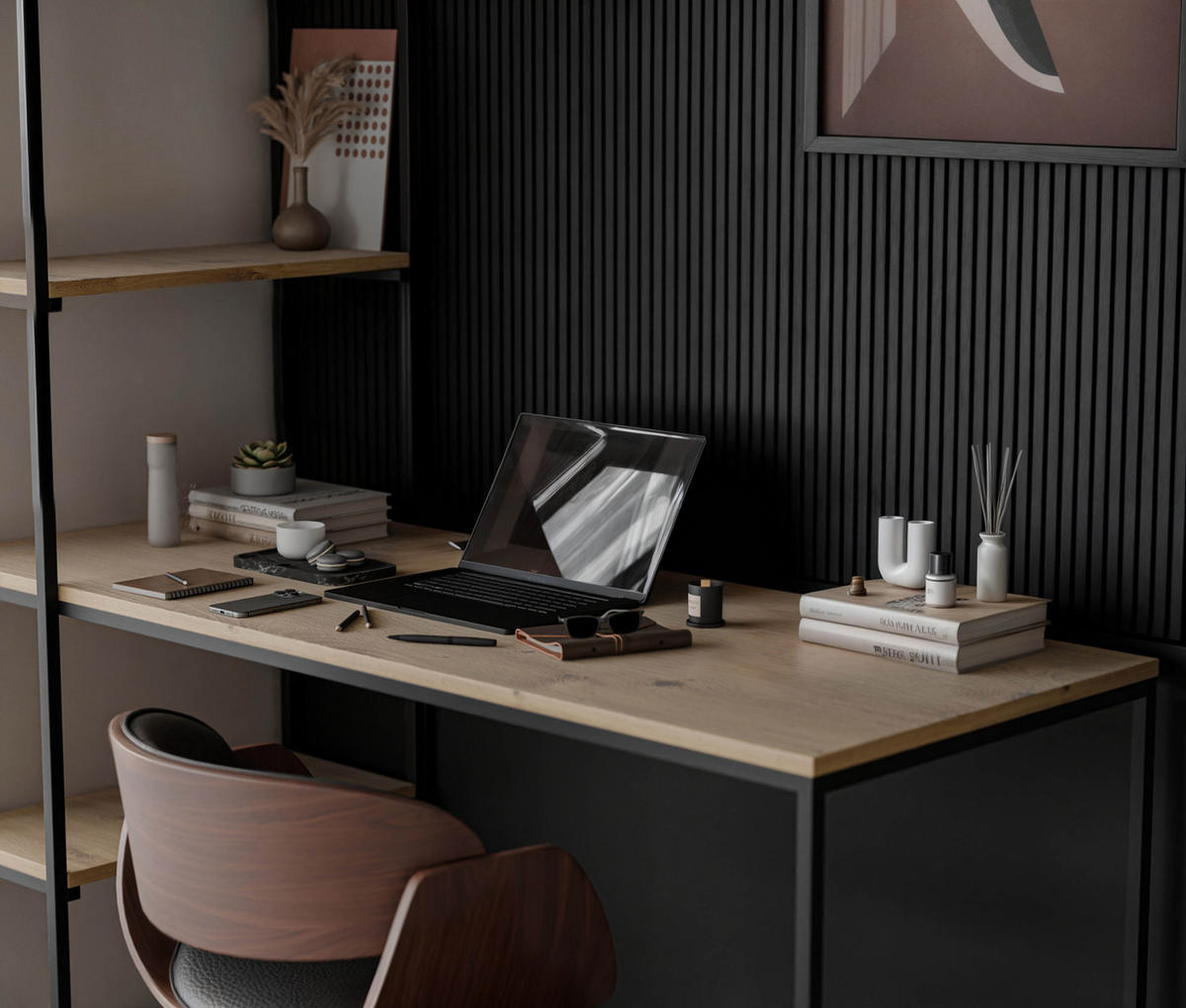 SCHREIBTISCH mit Seitenregal Eiche Artisan - Schwarz/Eiche Artisan, Holzwerkstoff (152/60/160cm) - Idohome