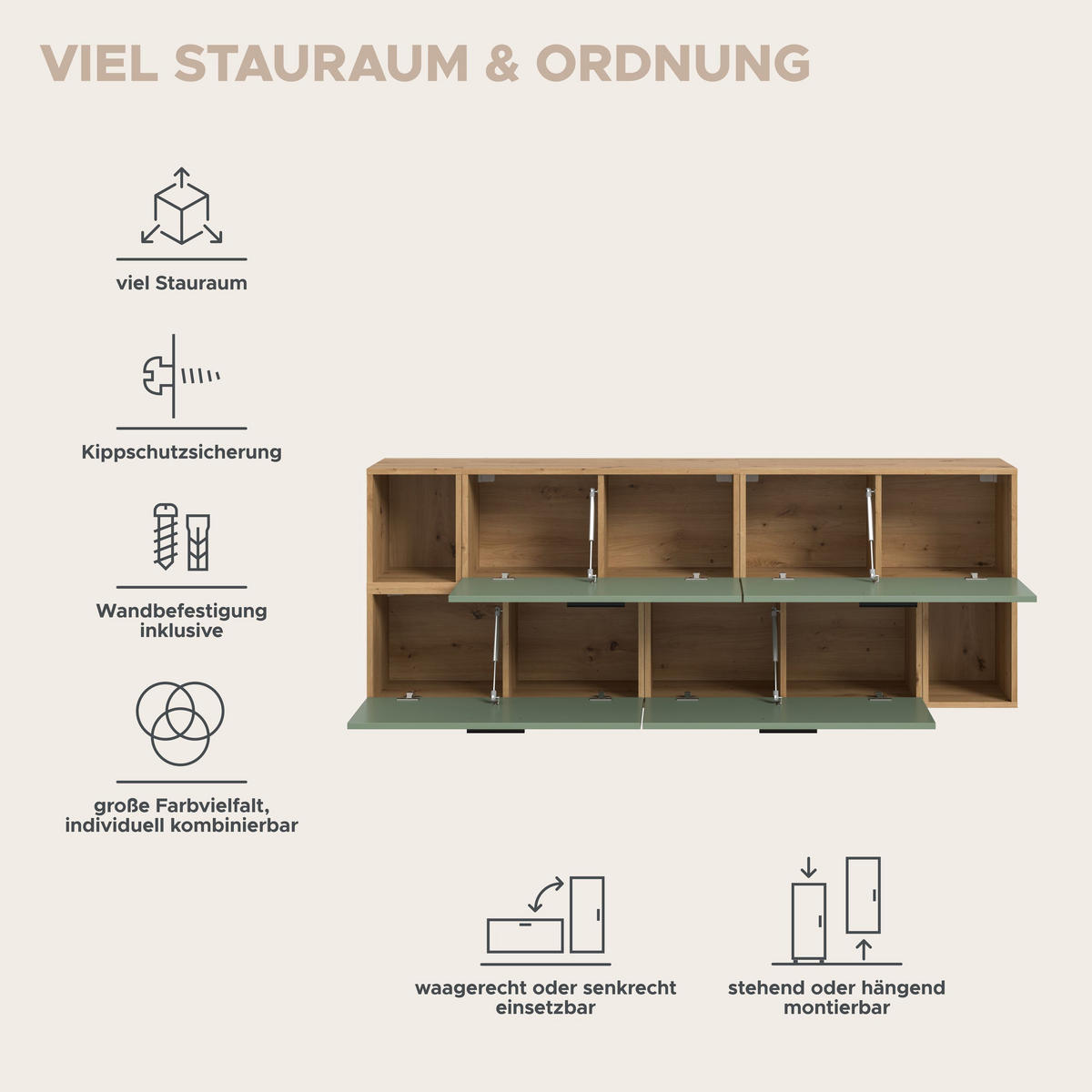 WOHNWAND Primo (B/H/T: ca. 176/97/34 cm) in Artisan Oak /Smoke Green - Eiche Artisan, Holzwerkstoff (176/97/34cm)