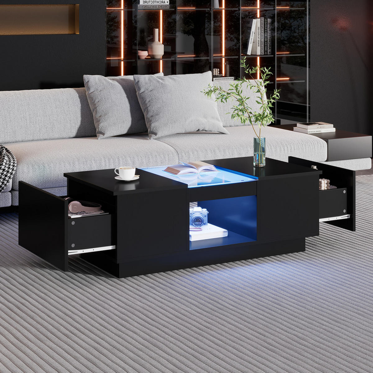 COUCHTISCH 100x50cm Schwarz LED App Glas 2 Schubladen 1 Fach Modern - Schwarz, Holz (106/60.5/17cm) - FLIEKS