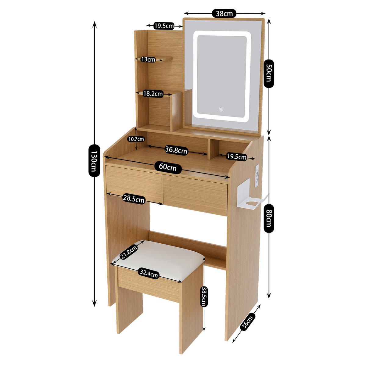 SCHMINKTISCH in Holzoptik 60 cm mit LED-Spiegel, Steckdose und Hocker - Naturfarben, Holzwerkstoff (60/130/36cm) - Urban Meuble