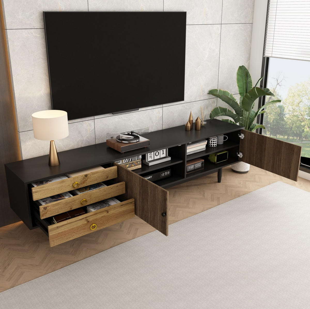 TV-SCHRANK in Schwarz und Natur mit 2 Türen und 3 Schubladen 180/38/50 cm - Eichefarben, Holzwerkstoff (180/38/50cm) - Redom