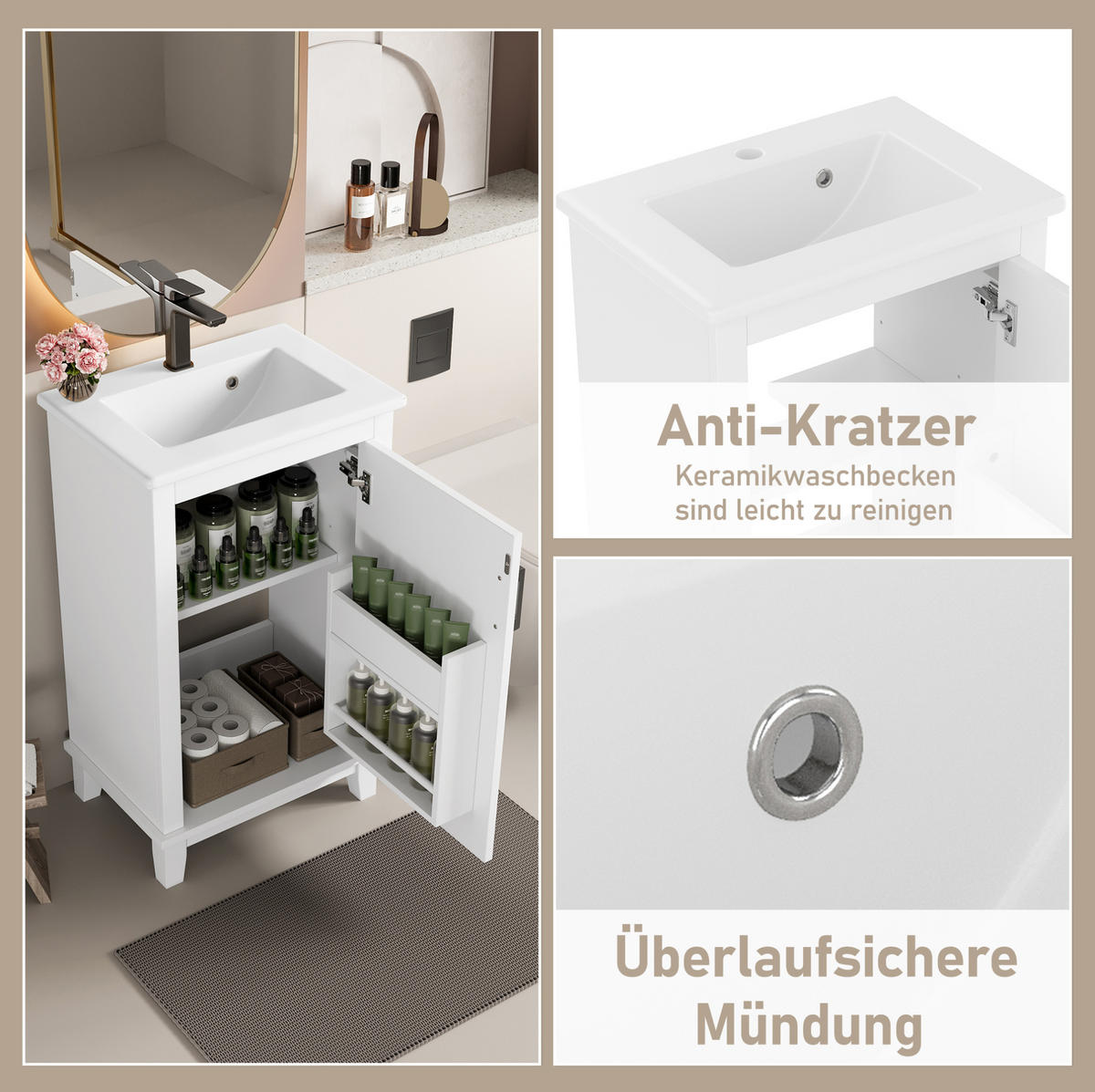 KOMPAKTE Waschtischkombi 51/34/83 cm in Weiß – freistehend mit Keramikbecken - Weiß, Holzwerkstoff (51/83/34cm) - BEAOK