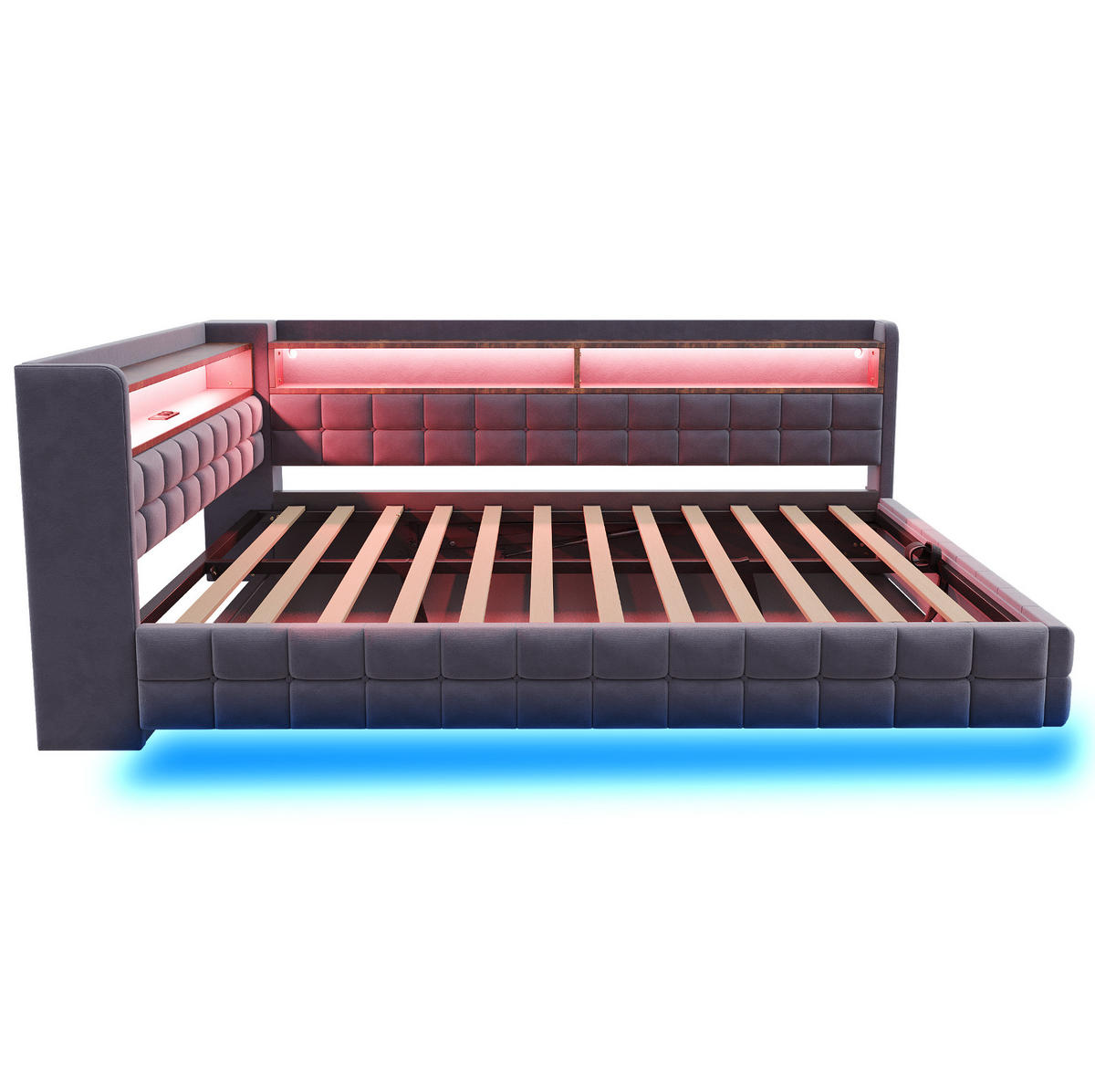 ČALOUNĚNÁ postel 140/200 cm šedá z sametu s úložným prostorem, LED a USB - šedá, textil (140/200cm) - OKWISH