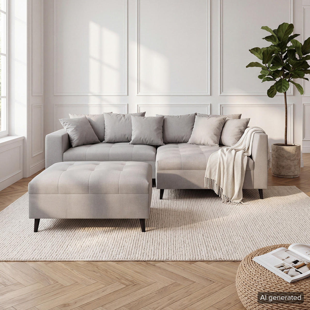 ECKSOFA mit Hocker - Grau, Holz/Birkenholz (247/174cm) - home24