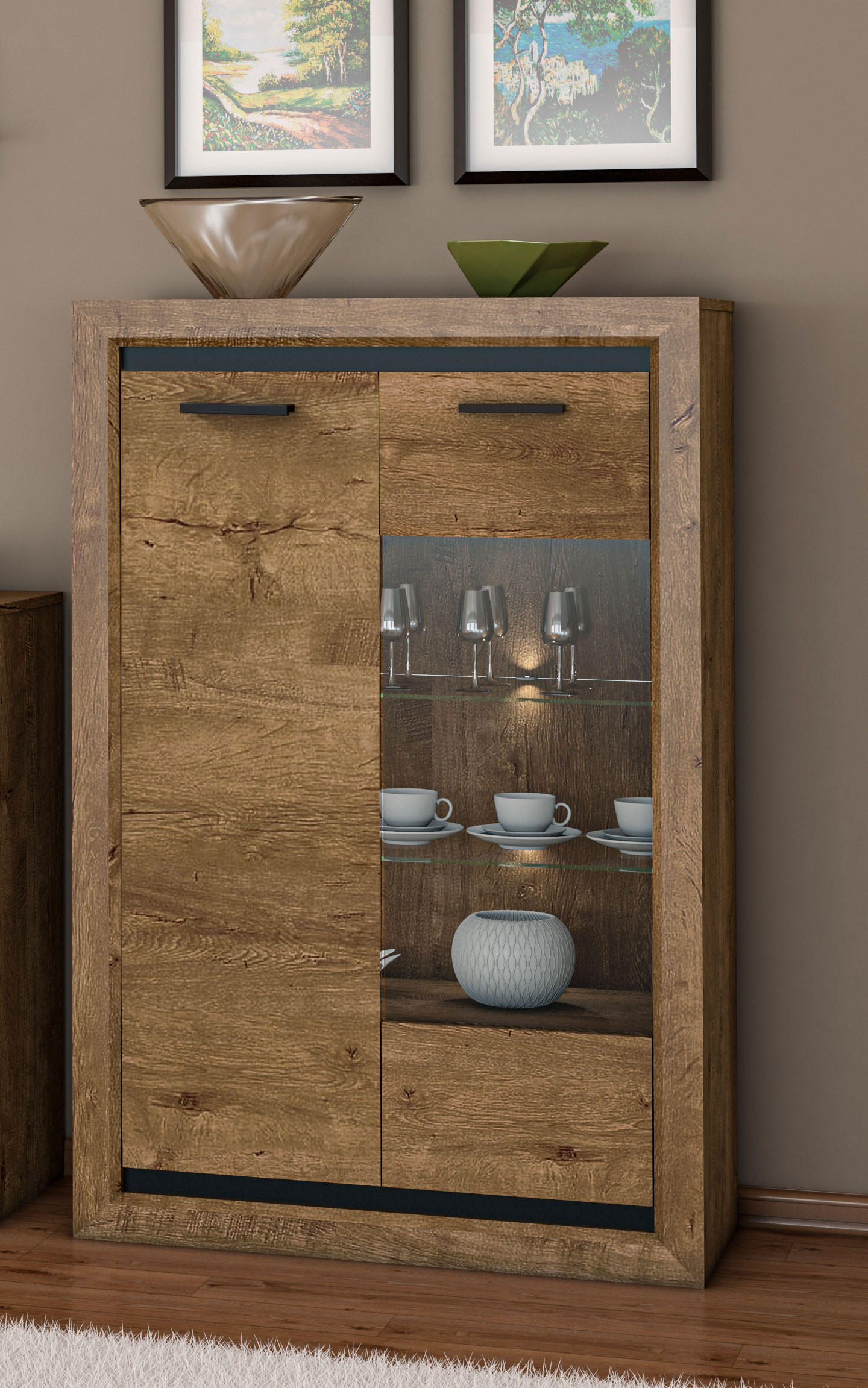VITRINE Baltica Lefkas Eiche / Schwarz 90 / 43 / 136cm - Eichefarben/Braun, Holz/Holzwerkstoff (90/136/43cm) - Feldmann-Wohnen