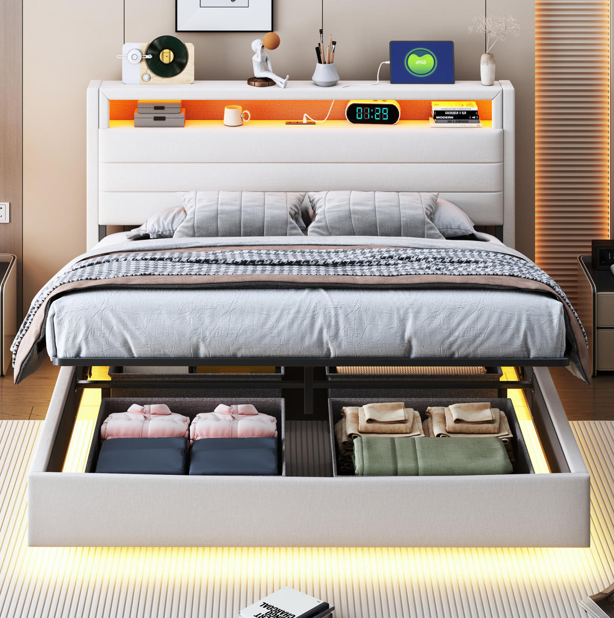 POLSTERBETT aus Leinen 140x200 cm Beige mit LED-Beleuchtung, USB-Anschluss und hydraulischem Stauraum - Beige, Textil (140/200cm) - Modfu
