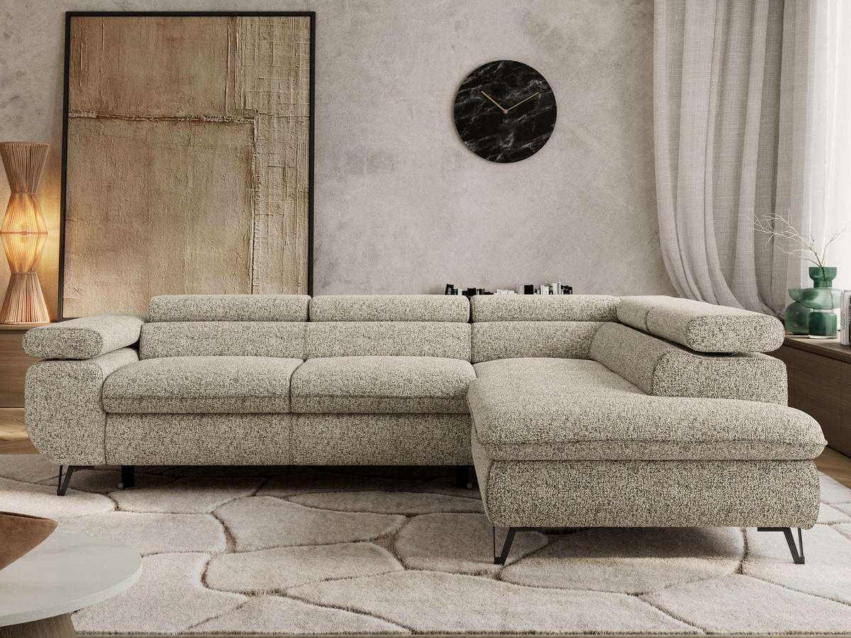 ECKSOFA PABLO L Beige Struktur - Rechts Seite mit Visco Topper - Beige/Schwarz, Textil/Metall (273/208cm) - MKS