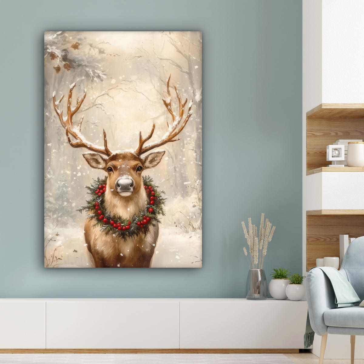 LEINWANDBILD Weihnachten - Rentier - Winter - Kranz 80x120 cm - Naturfarben, Textil (80/120cm) - MuchoWow