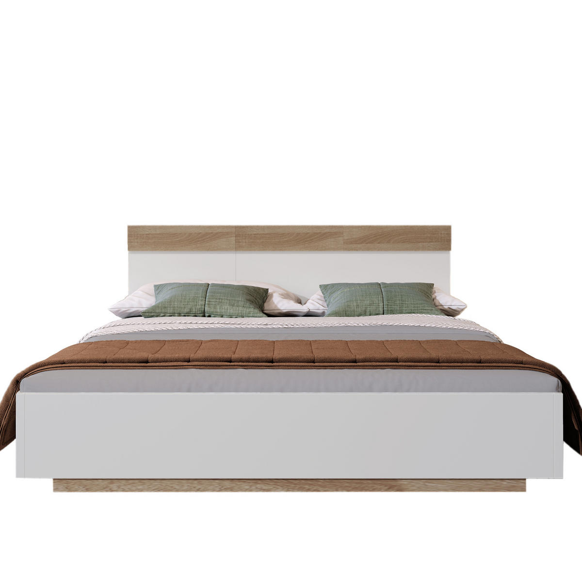 DVOJLŮŽKO 140/200 cm bílo-dubové z dřeva s čelem a lamelovým roštem - bílá, kompozitní dřevo (140/200cm) - OKWISH