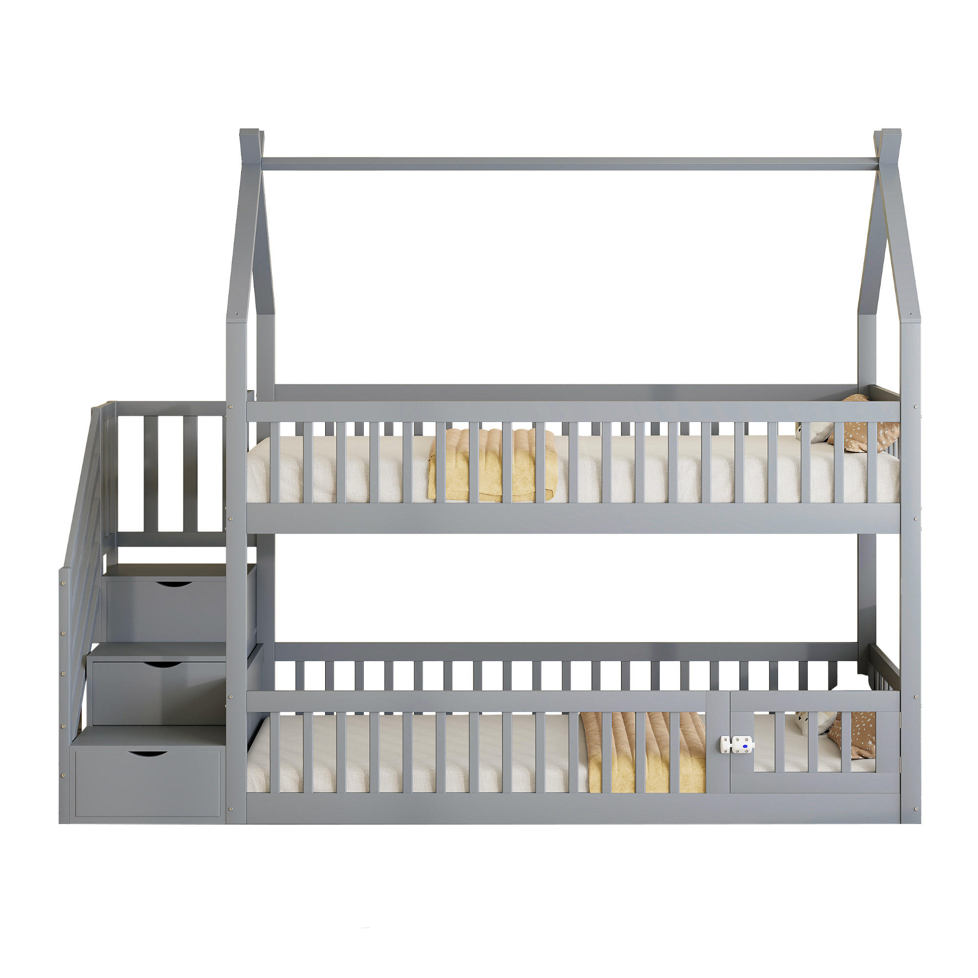 ETAGENBETT 90x200 Grau Massivholz Dach Treppe - Grau, Holz (90/200cm) - FLIEKS