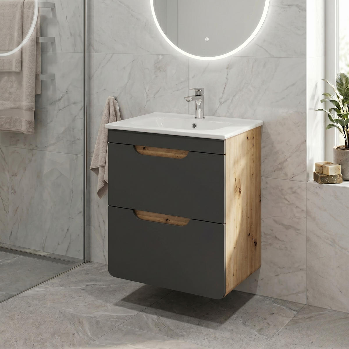WASCHBECKENUNTERSCHRANK ARVIDA SZK7 Eiche Grau - Grau, Glas/Holzwerkstoff (40/59/41cm) - Komodee