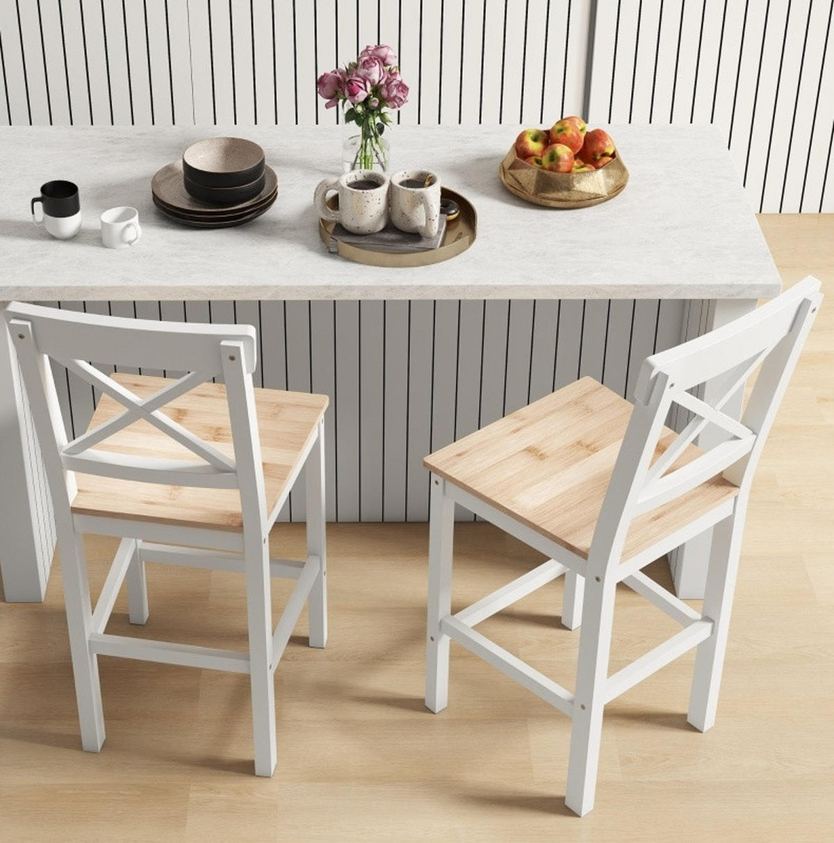 BARHOCKER 2er-Set aus massivem Kiefernholz mit Lehne und Fußstütze 41/46/97,5 cm - Naturfarben, Holz (41/97.5/46cm) - MIVRAY
