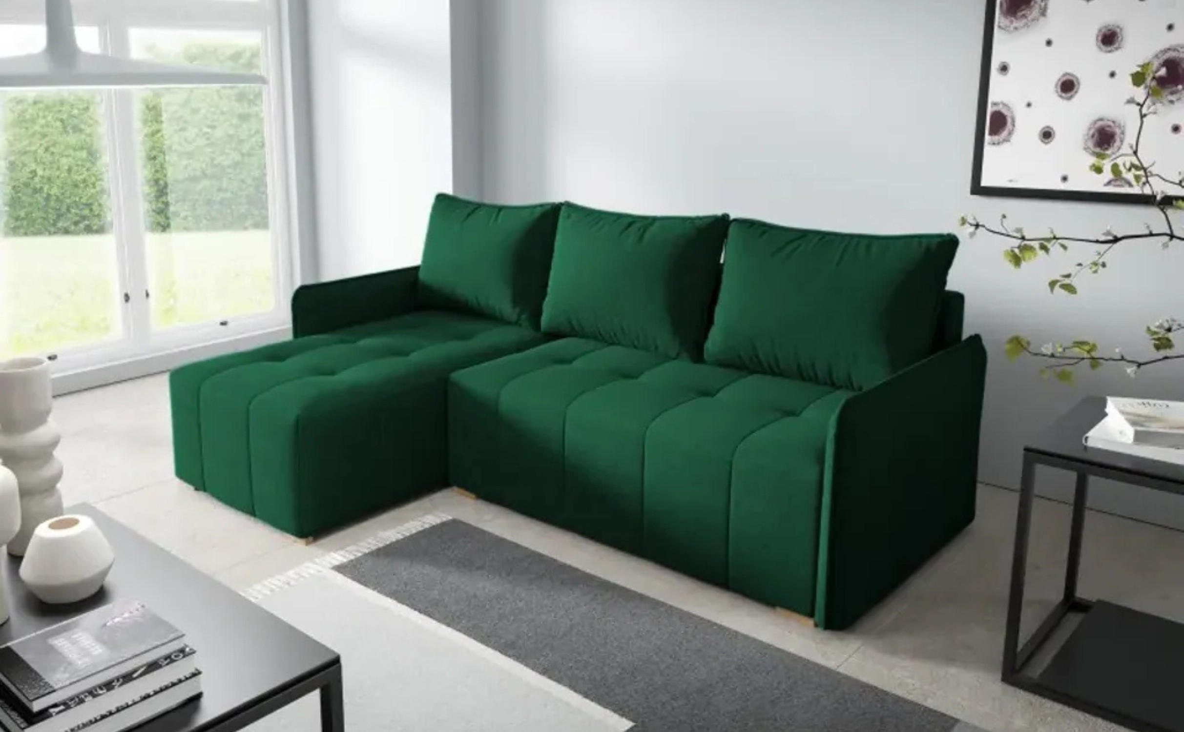 ECKSOFA GREND, L-Form mit Schlaffunktion und Bettkasten, Grün, links, Veloursstoff - Grün, Textil (210/140cm) - Sepro Meble