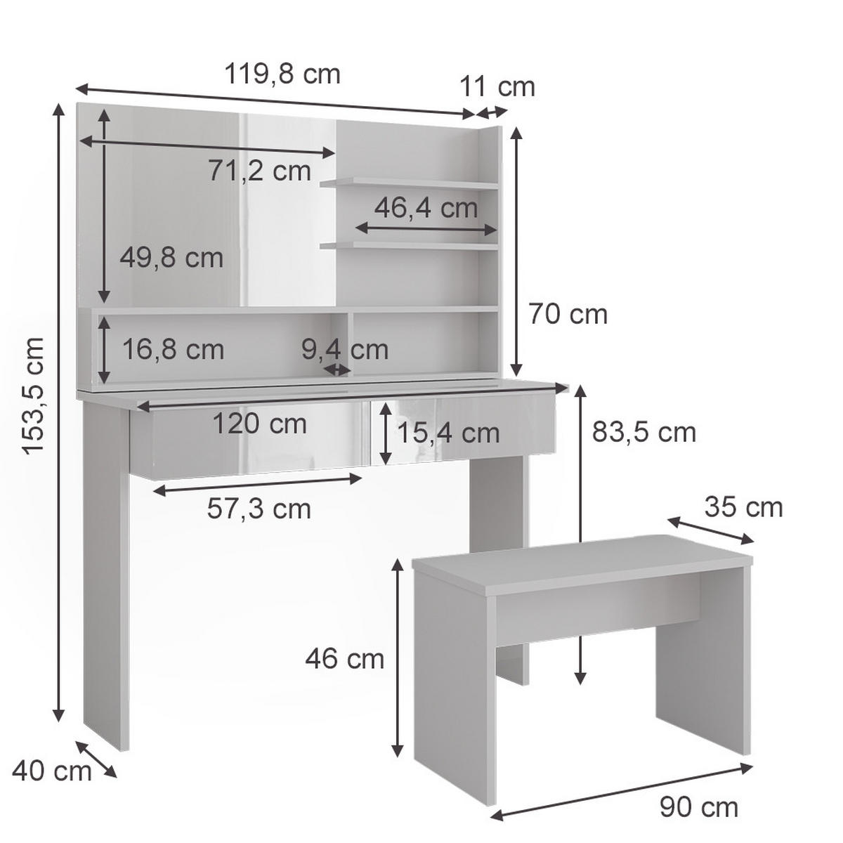 SCHMINKTISCH Azur Weiß 120 cm mit Bank - Weiß Hochglanz/Weiß, Holzwerkstoff (120/83.5/40cm) - Vicco