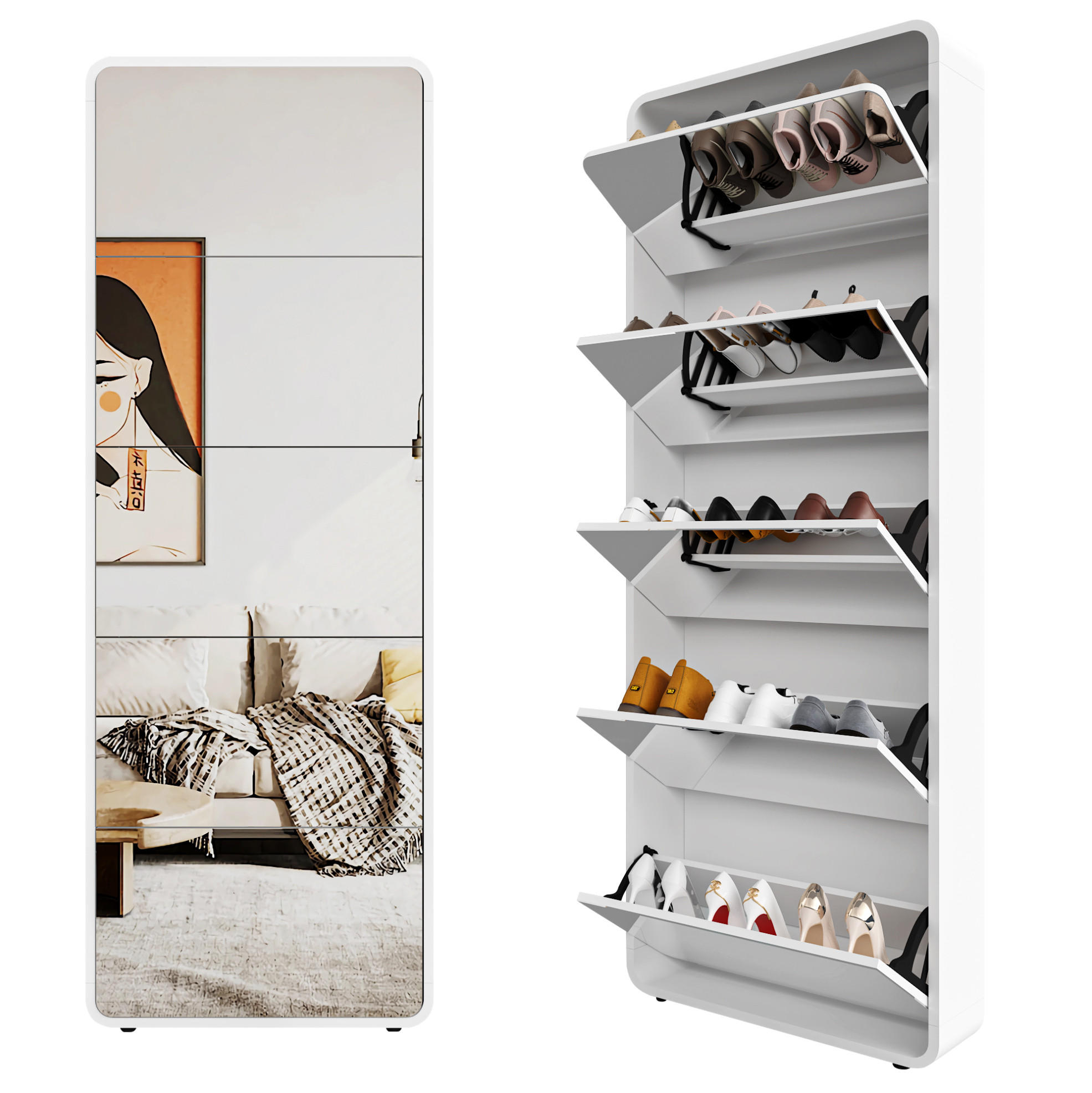 Modfu BOTNÍK se zrcadlem z MDF a masivního dřeva 63x19x176 cm bílý s výklopným úložným prostorem a obloukovým designem