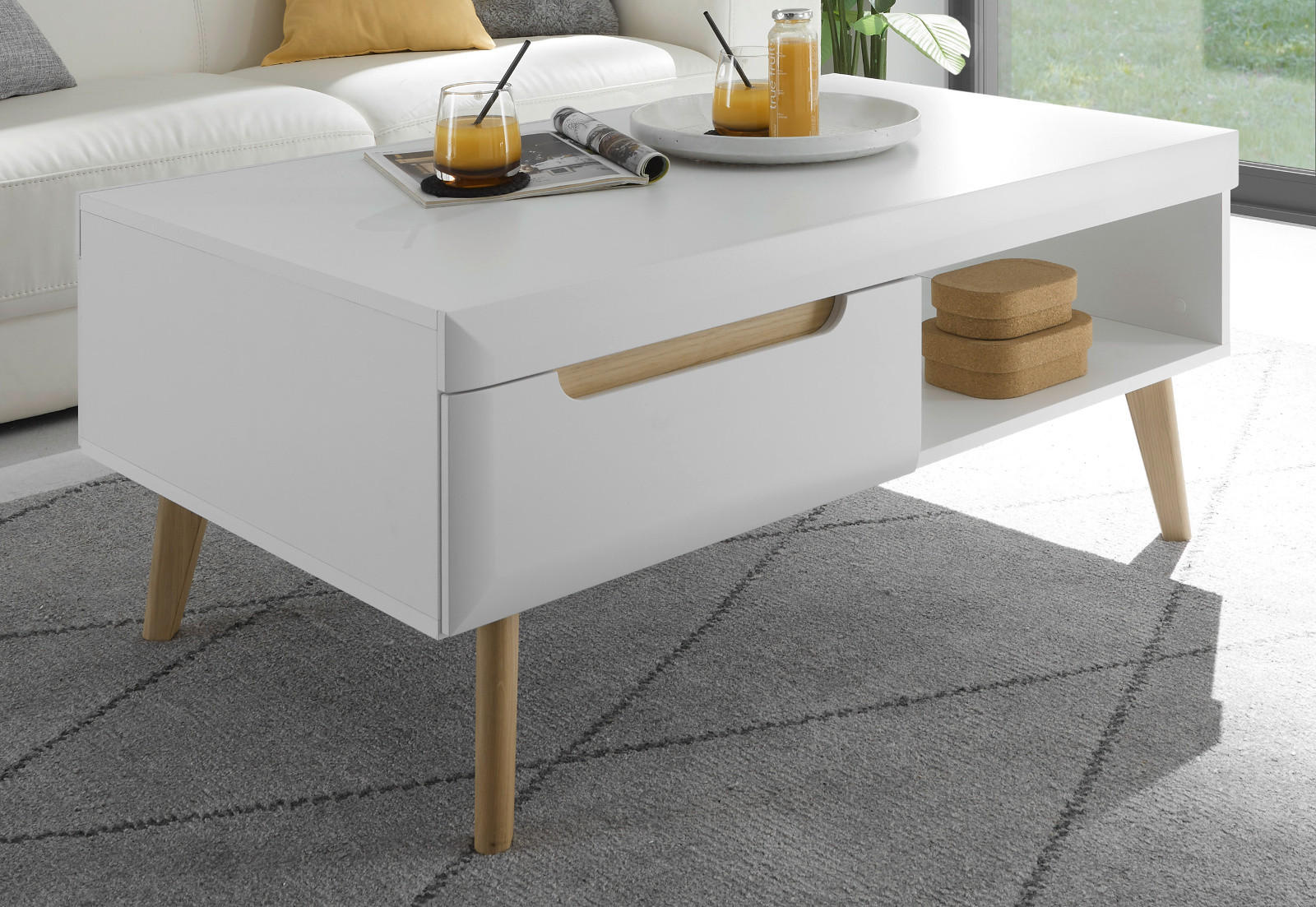 Thumbnail - Furn.Design Couchtisch, Weiß, Eiche, Holz, Nachbildung, Echtholz,Eiche, Holz Optik, Uni, 2 Schubladen, Rechteckig, konis...