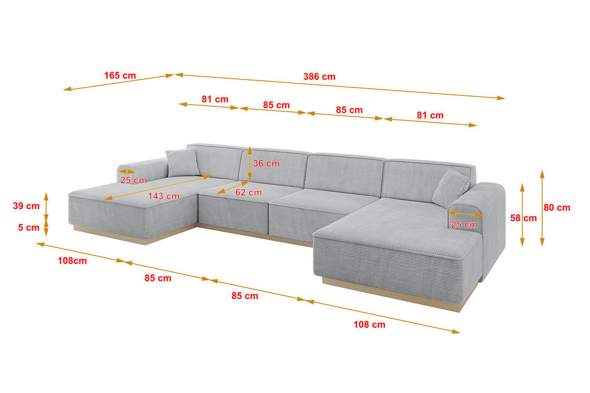 WOHNLANDSCHAFT IREA-U2 - 386x165x80 cm Grau - Hellgrau/Grau, Holzwerkstoff/Textil (386/80/165cm) - ALTDECOR