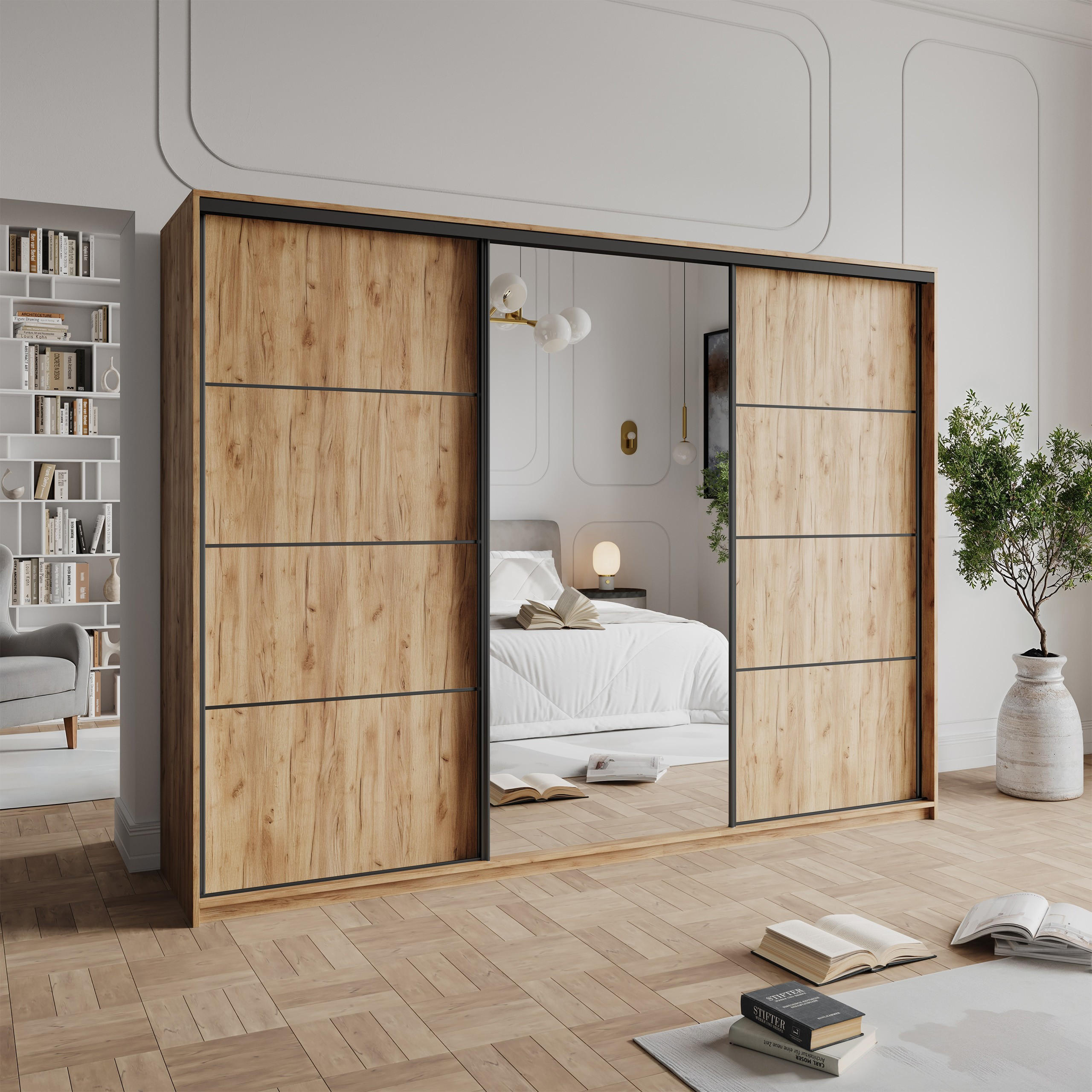 SCHWEBETÜRENSCHRANK VARO 250/205/60 cm 3-türig mit Spiegel und Schubladen Craft Eiche Gold - Schwarz/Orange, Holzwerkstoff (250/205/60cm) - MASSENO