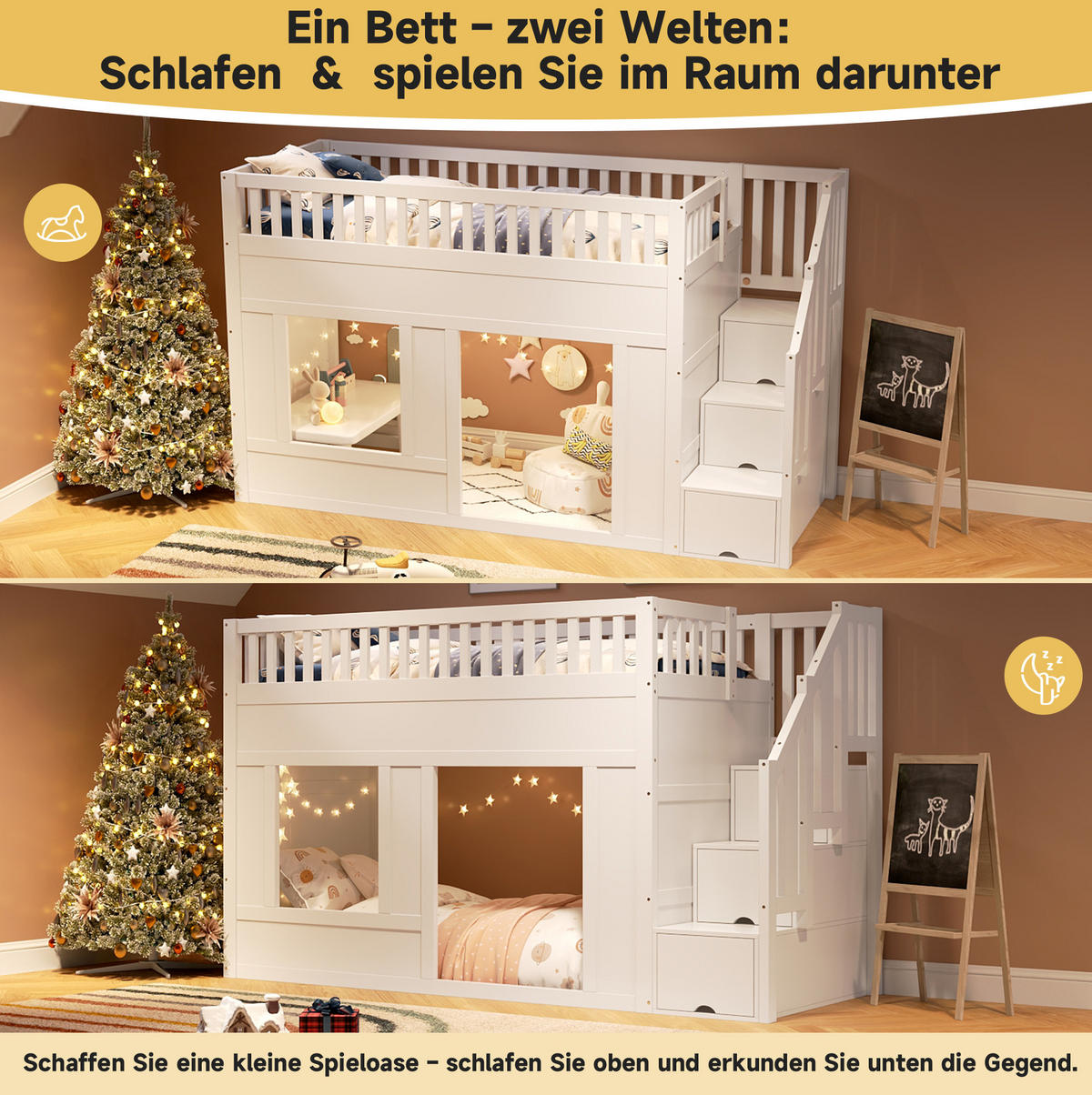 HOCHBETT aus Massivholz und MDF 90x200 cm Weiß mit Stauraumtreppe und flexibel nutzbarer unterer Ebene - Weiß, Holz (90/200cm) - IVMEU