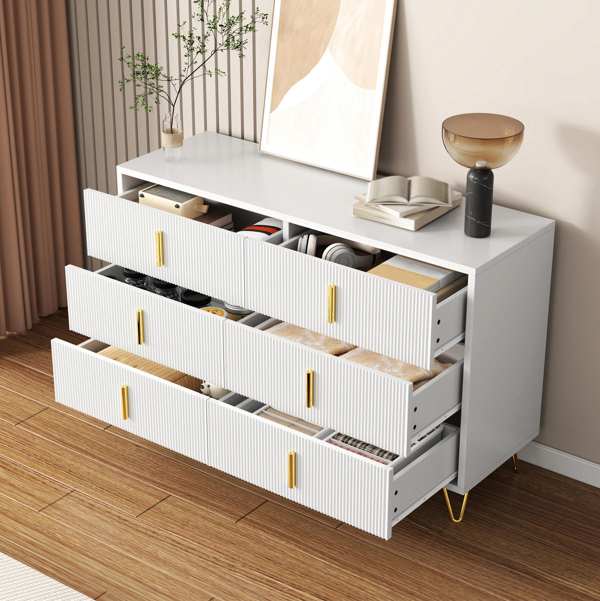 SIDEBOARD 120/77/40 cm Weiß/Gold aus Spanplatte mit 6 Schubladen - Weiß, Holzwerkstoff (40/77/120cm) - OKMYHOME