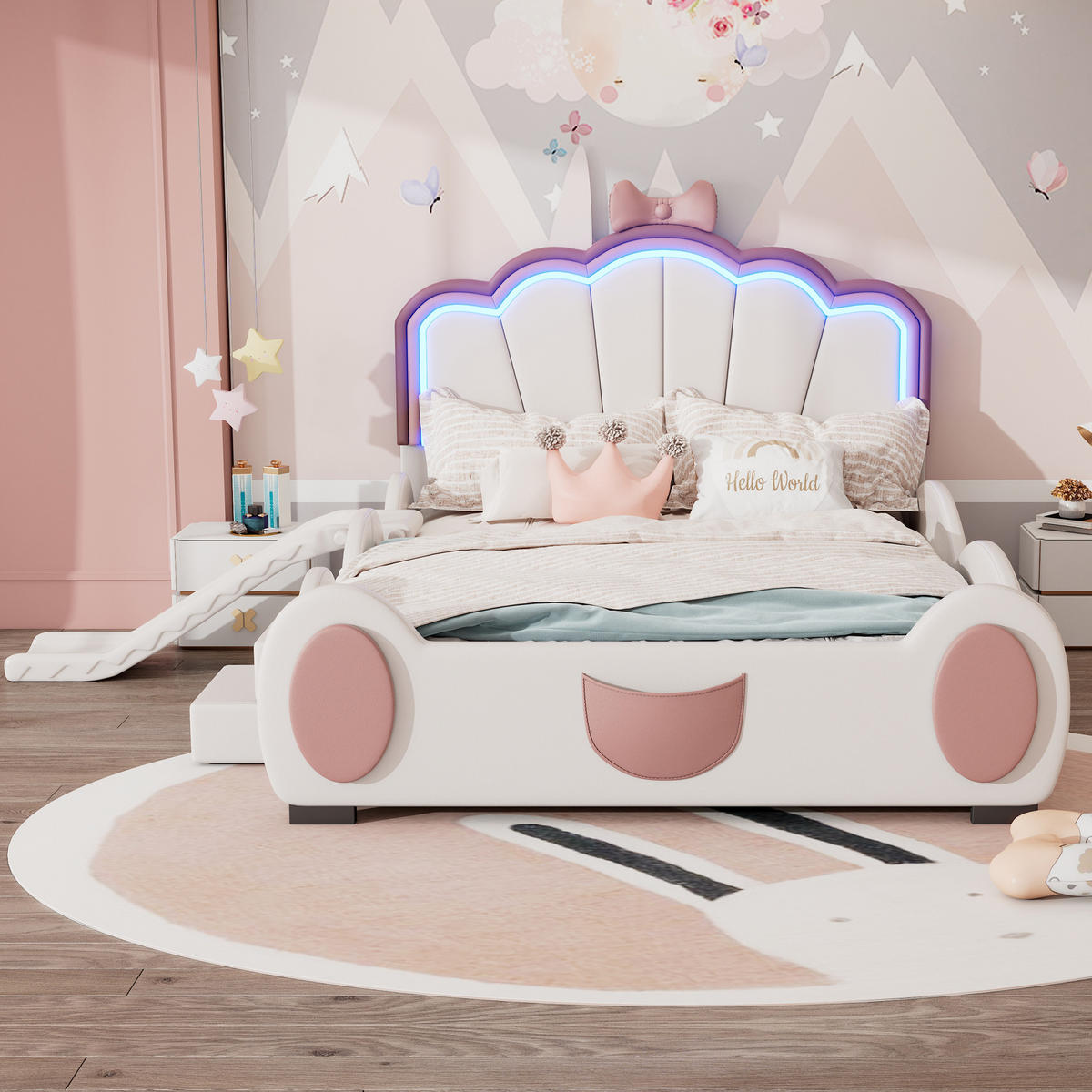 KINDERBETT aus PU und MDF 140x200 cm Rosa und Weiß mit Rutsche, Stufen und LED-Beleuchtung - Rosa, Kunststoff (140/200cm) - IVMEU