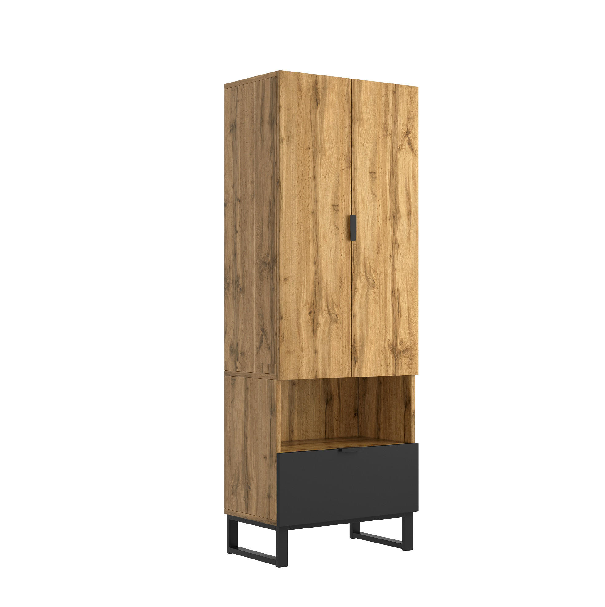 DIELENGARDEROBE mit Kleiderstange und Schublade 65/38/180 cm in Eichefarben/Schwarz - Naturfarben, Holzwerkstoff (38/65/180cm) - BEAOK