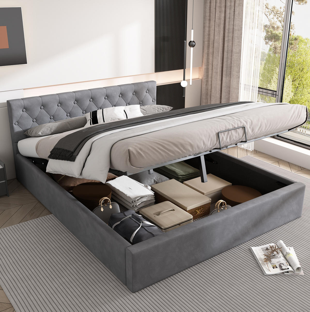 SAMT-POLSTERBETT 140/200 cm mit Bettkasten und gepolstertem Kopfteil - Grau, Textil (140/200cm) - BEAOK