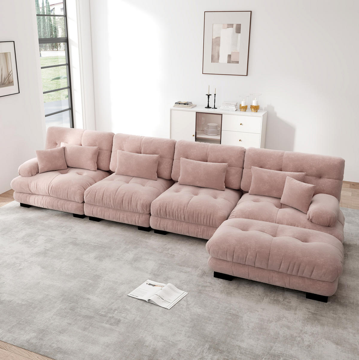 ECKSOFA modular mit beweglichen Ottomane, tiefem Sitz und Chenillebezug, Pink - Pink, Textil (406/145cm) - Redom