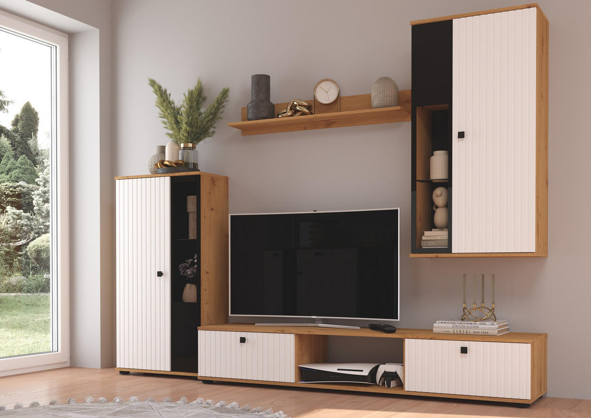 WOHNWAND Formilo Artisan, Weiß 294/180/40 cm Hochwertige mit Lamellen - Hellbraun/Weiß, Holzwerkstoff/Kunststoff (180/294/40cm) - AX Living