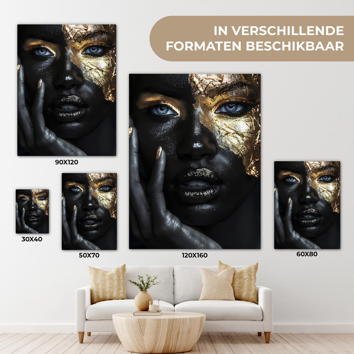 LEINWANDBILD Frau - Gold - Porträt - Schwarz-Weiß - Luxus Room Decor 30x40 cm - Hellblau, Textil (30/40cm) - MuchoWow