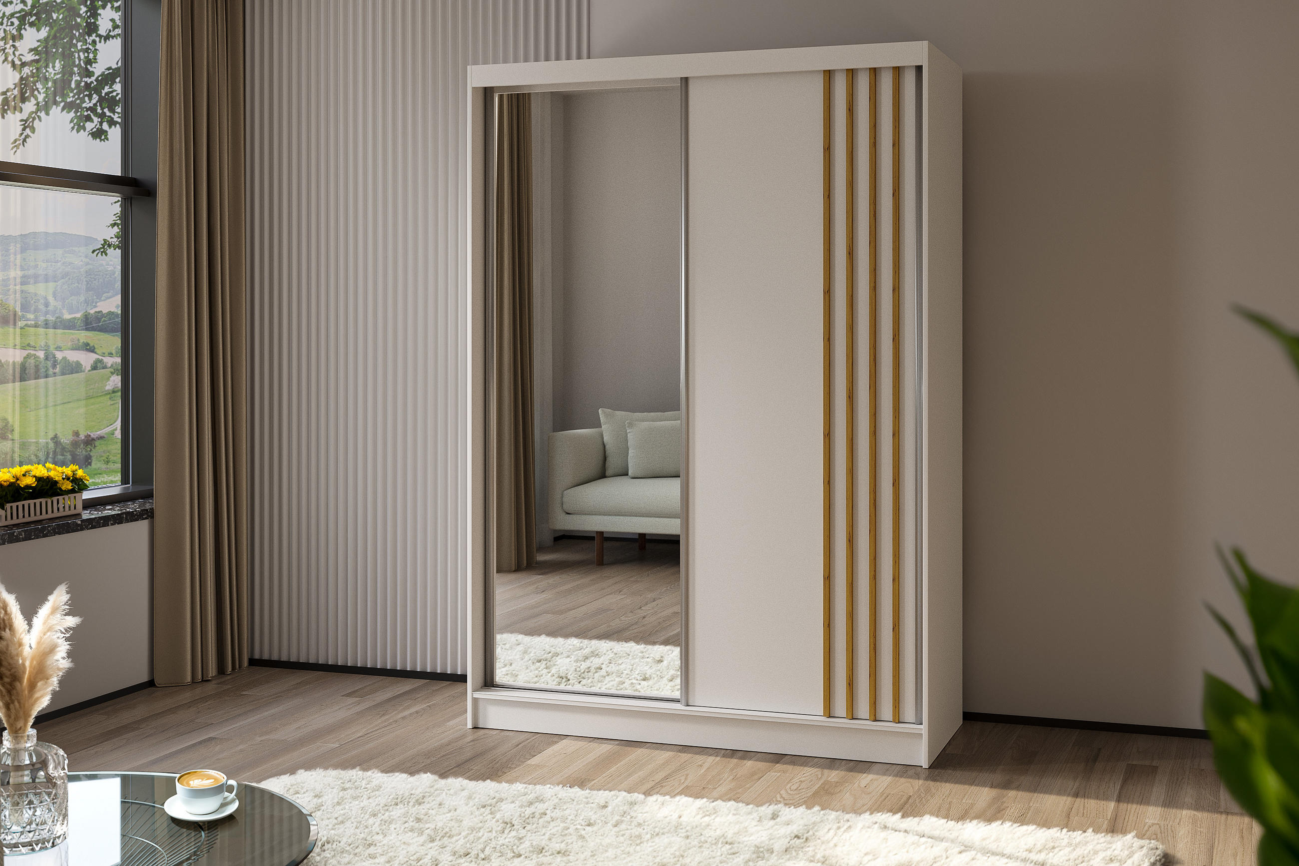KLEIDERSCHRANK mit Spiegel-Schiebetüren und Aluminium-Leisten - NALLA - 150 cm Weiß+Weiß+Artisan - Weiß/Eiche Artisan, Holzwerkstoff (150/216/61cm) - ALTDECOR