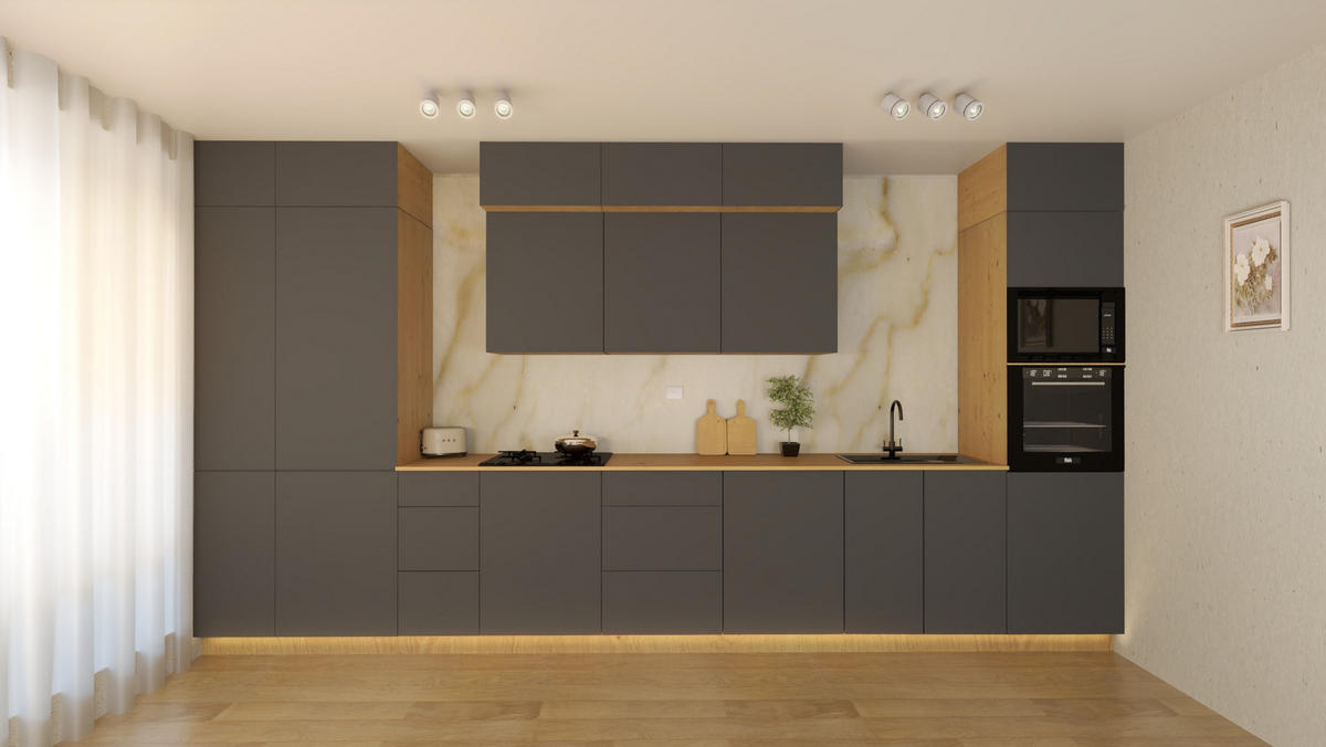 KÜCHENZEILE 460 cm - Nexa KÜ-LN-003 - in Grau / Matt - Schwarz/Grau, Holz/Metall (460/212/58cm) - ROYAL24_MARKT