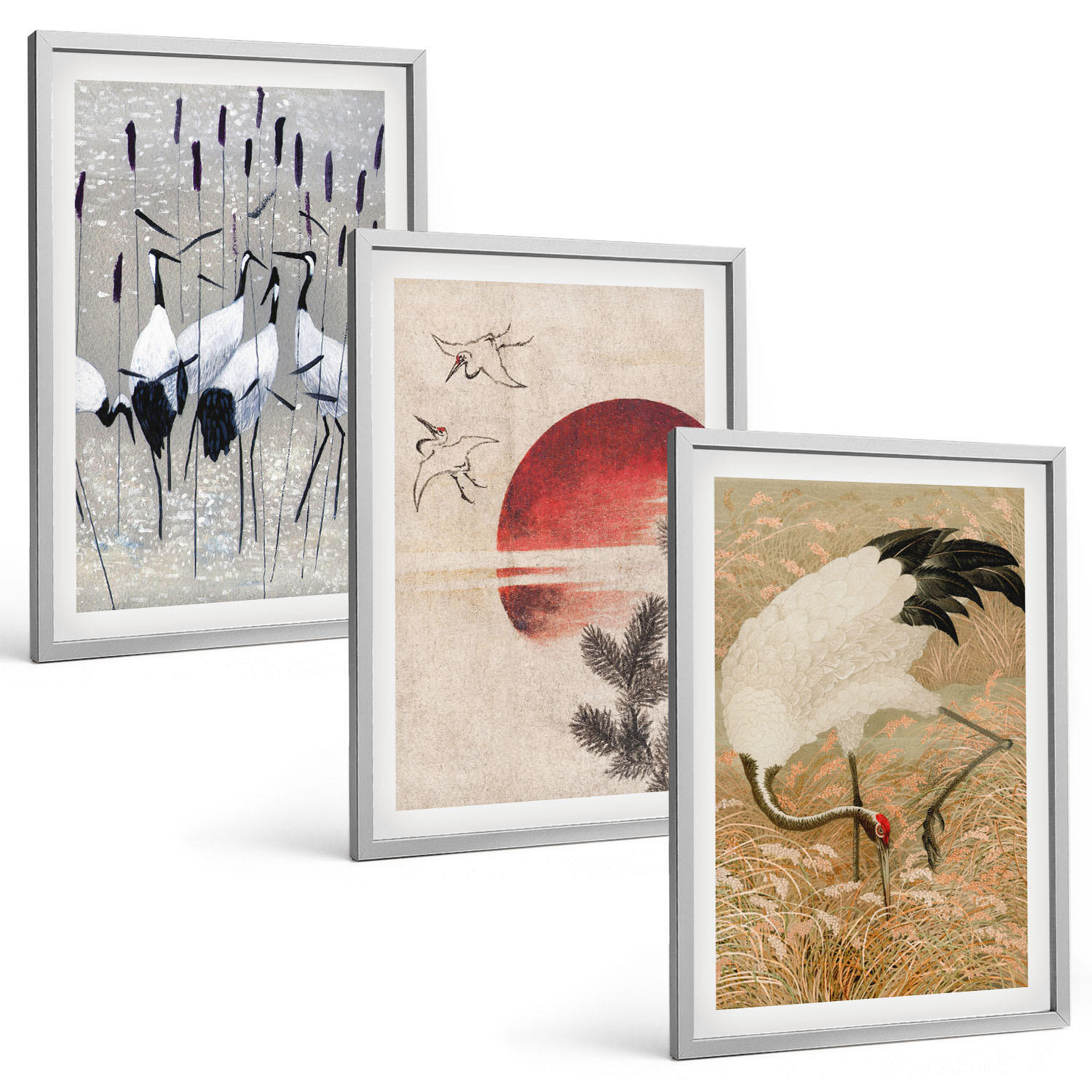 BILDER SET 3er Set - 40x60 cm Silberner Rahmen - Japanische Kraniche Landschaft - Silberfarben, Kunststoff (40/60cm) - TULUP