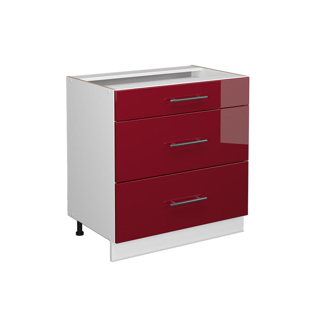 KÜCHENUNTERSCHRANK Fame-Line Bordeaux Hochglanz 80 cm mit 3 Schubladen ohne AP - Bordeaux/Weiß, Holzwerkstoff (80/82/51.6cm) - Vicco
