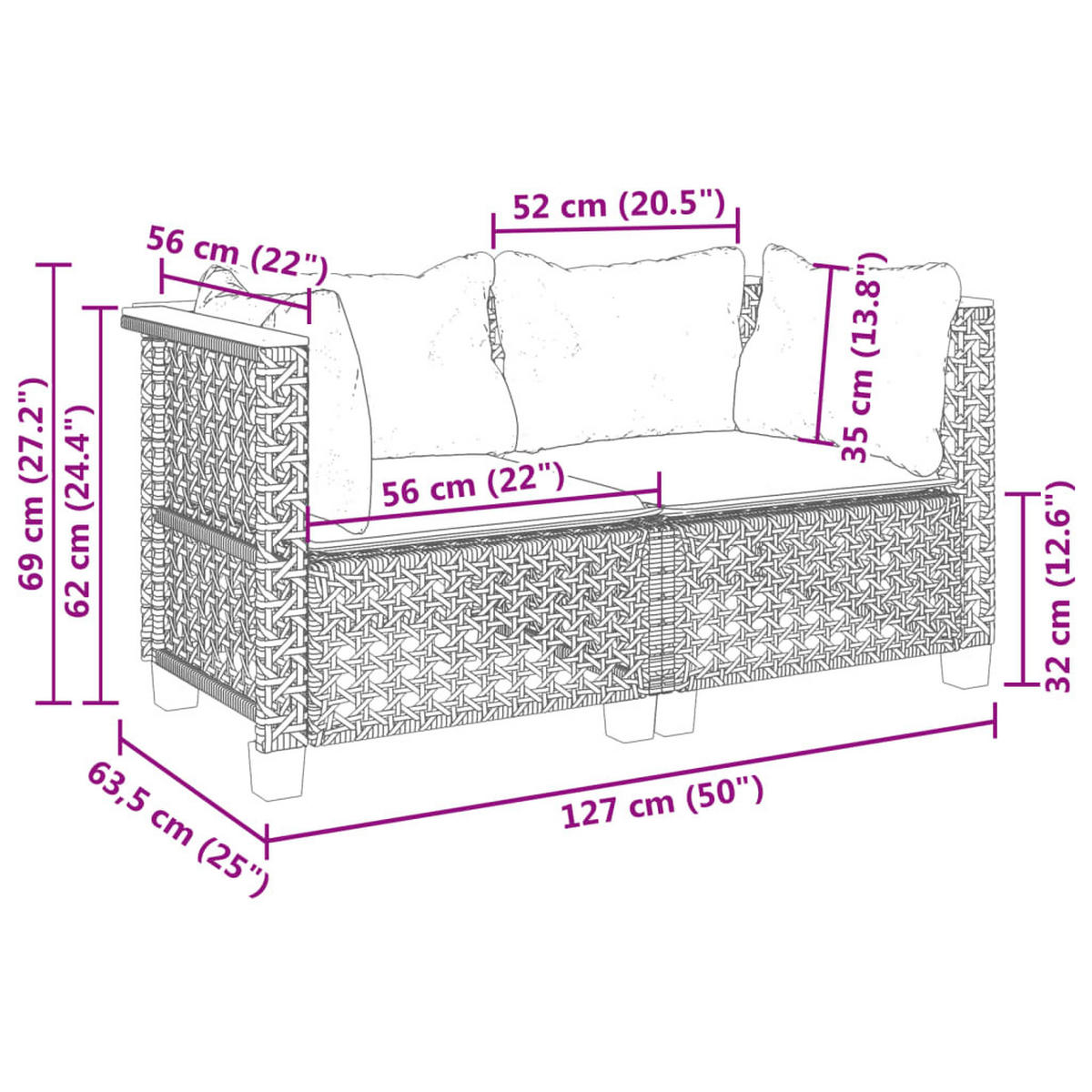 GARTENSOFA ZYLOE 127/62/63.5 cm （2-SITZER） - Grau, Holz (127/62/63.5cm) - ZMH