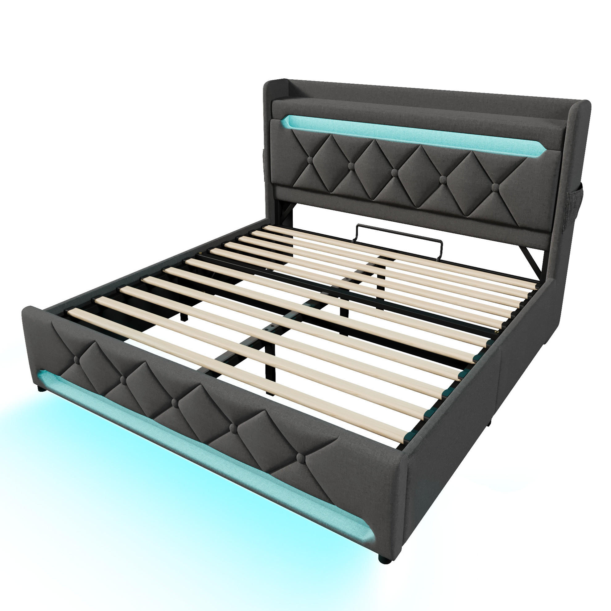 POLSTERBETT aus Leinen 140x200 cm in Grau mit LED, Stauraum & USB-C-Ladestation - Grau, Textil (140/200cm) - Modfu